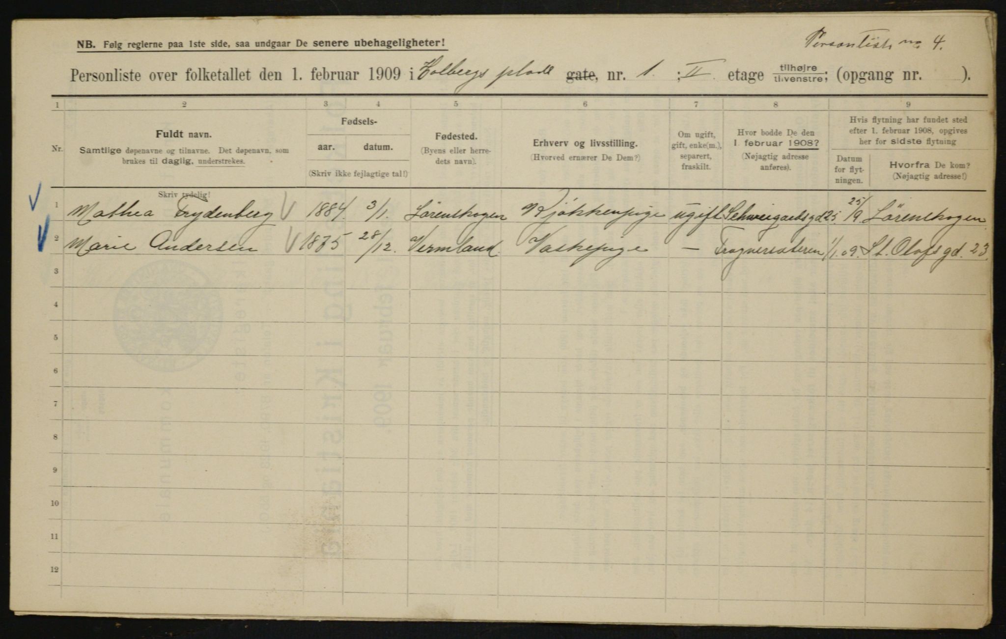 OBA, Municipal Census 1909 for Kristiania, 1909, p. 36748