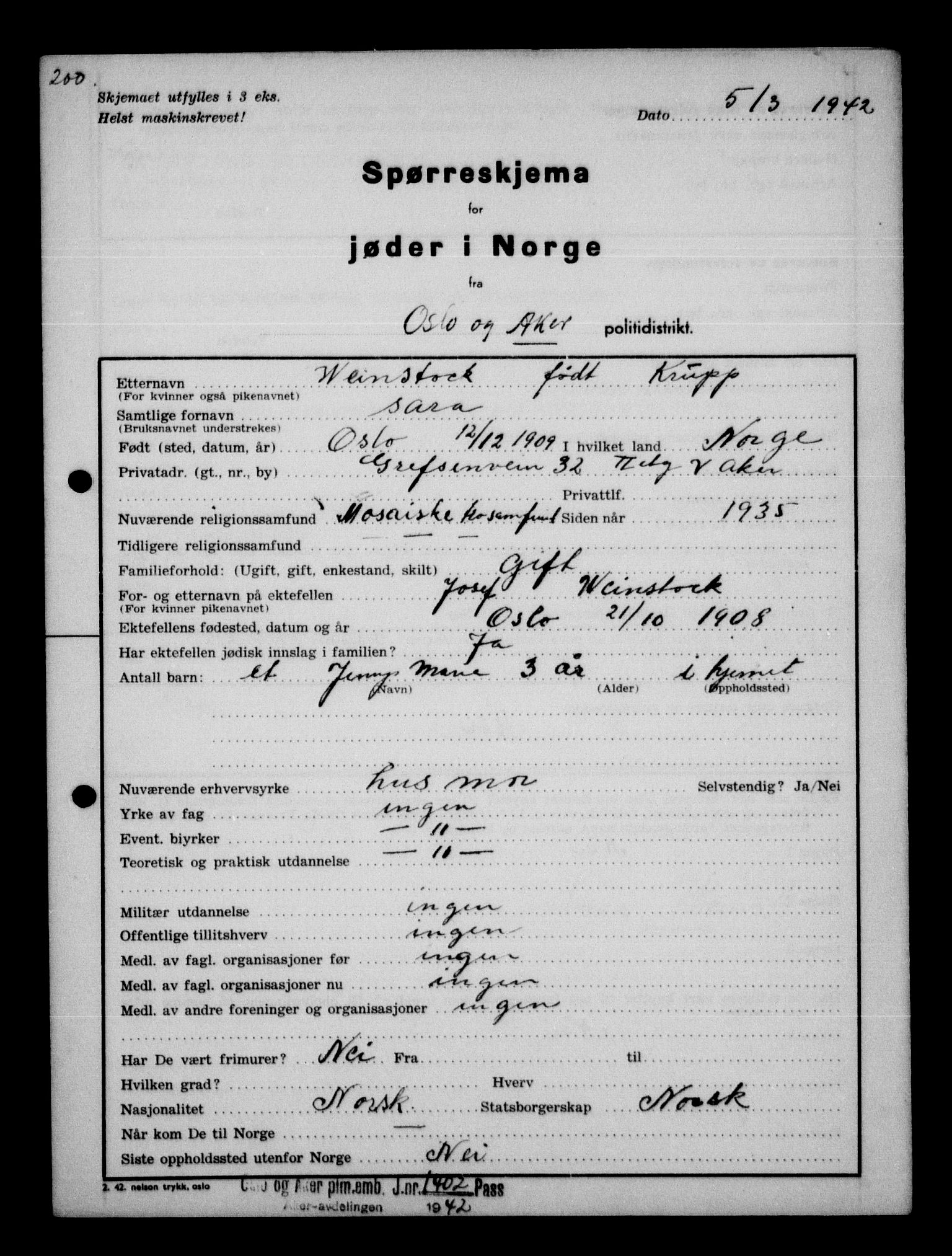 Statspolitiet - Hovedkontoret / Osloavdelingen, AV/RA-S-1329/G/Ga/L0012: Spørreskjema for jøder i Norge. 1: Aker 114- 207 (Levinson-Wozak) og 656 (Salomon). 2: Arendal-Hordaland. 3: Horten-Romerike.  , 1942, p. 264