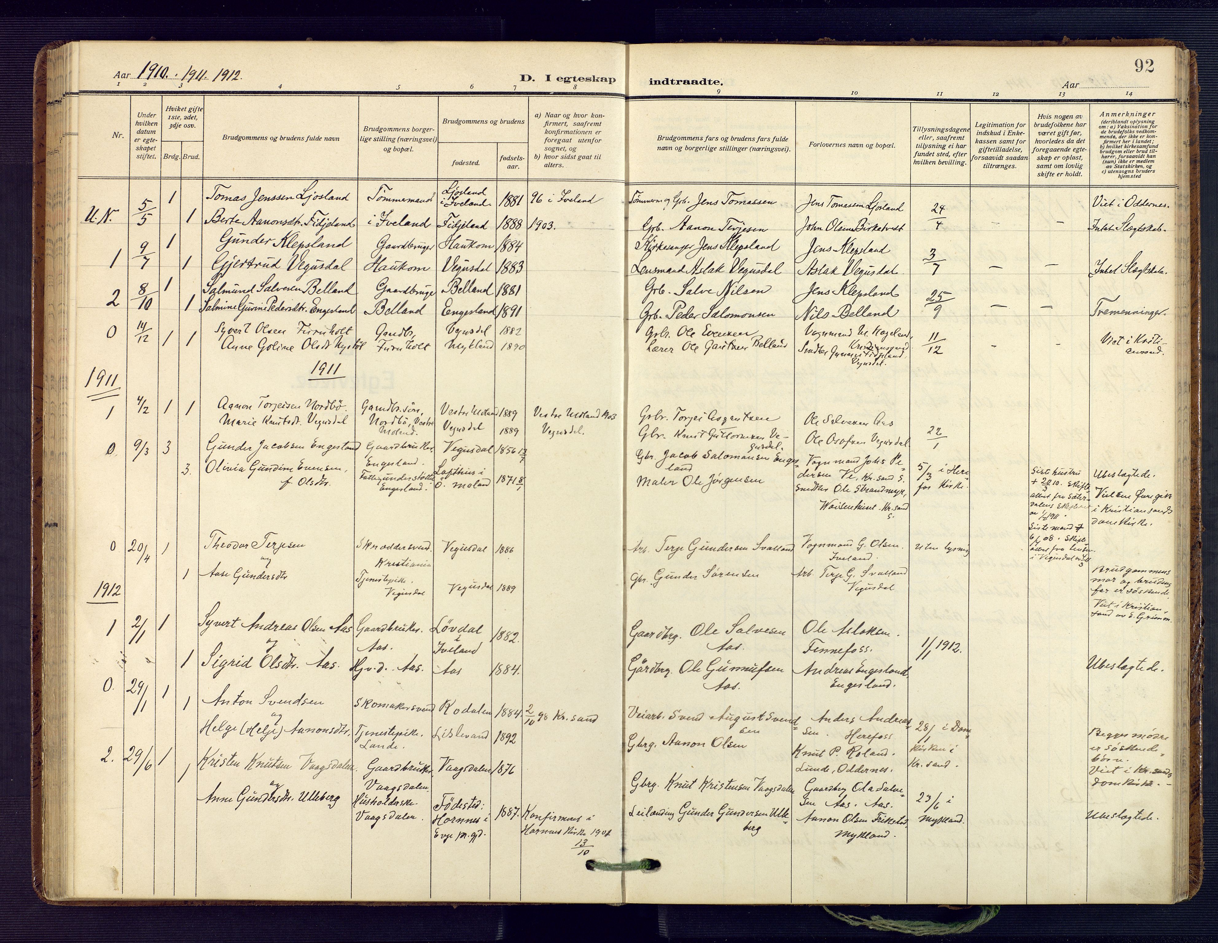 Herefoss sokneprestkontor, SAK/1111-0019/F/Fa/Fab/L0005: Parish register (official) no. A 5, 1910-1932, p. 92