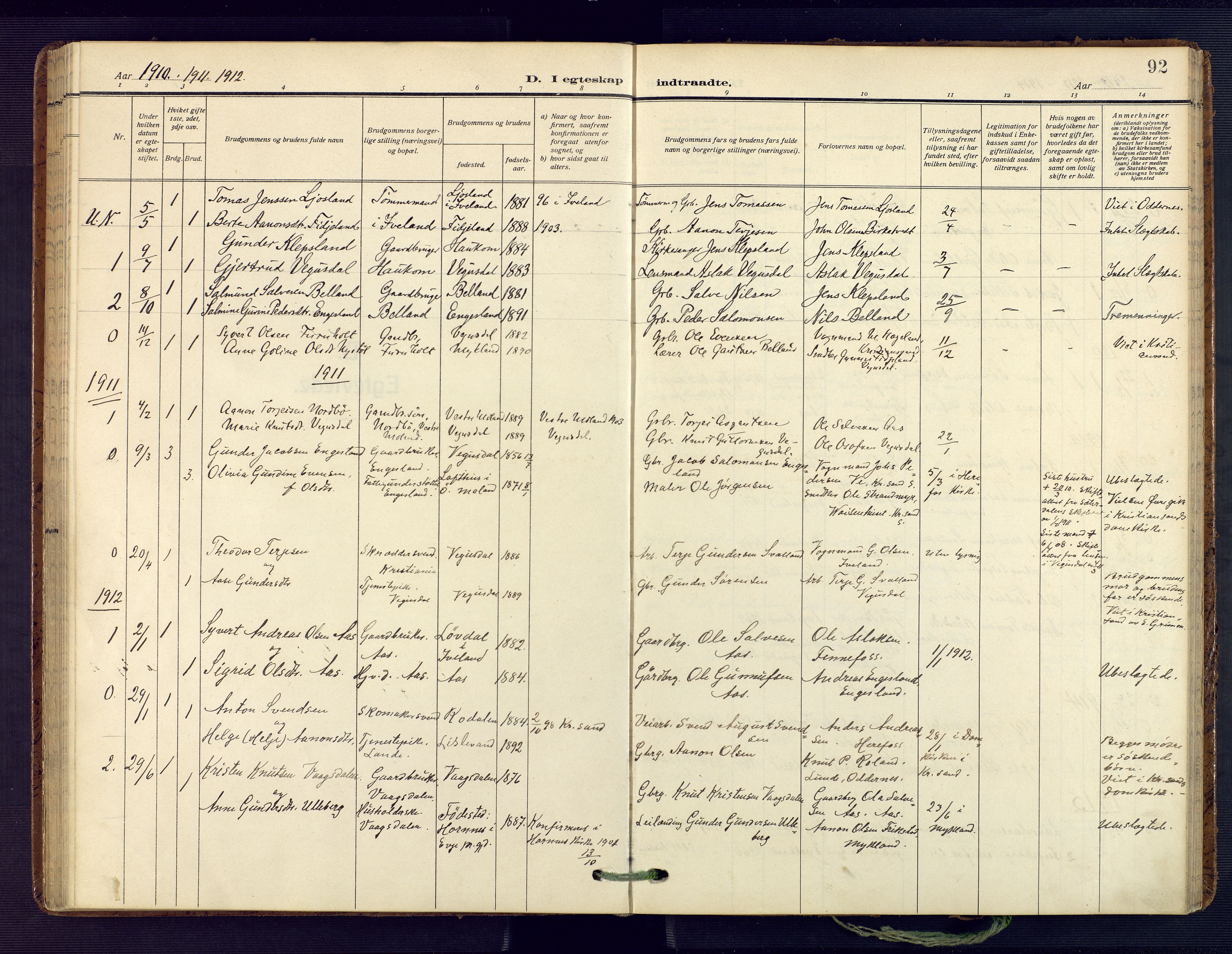 Herefoss sokneprestkontor, AV/SAK-1111-0019/F/Fa/Fab/L0005: Parish register (official) no. A 5, 1910-1932, p. 92