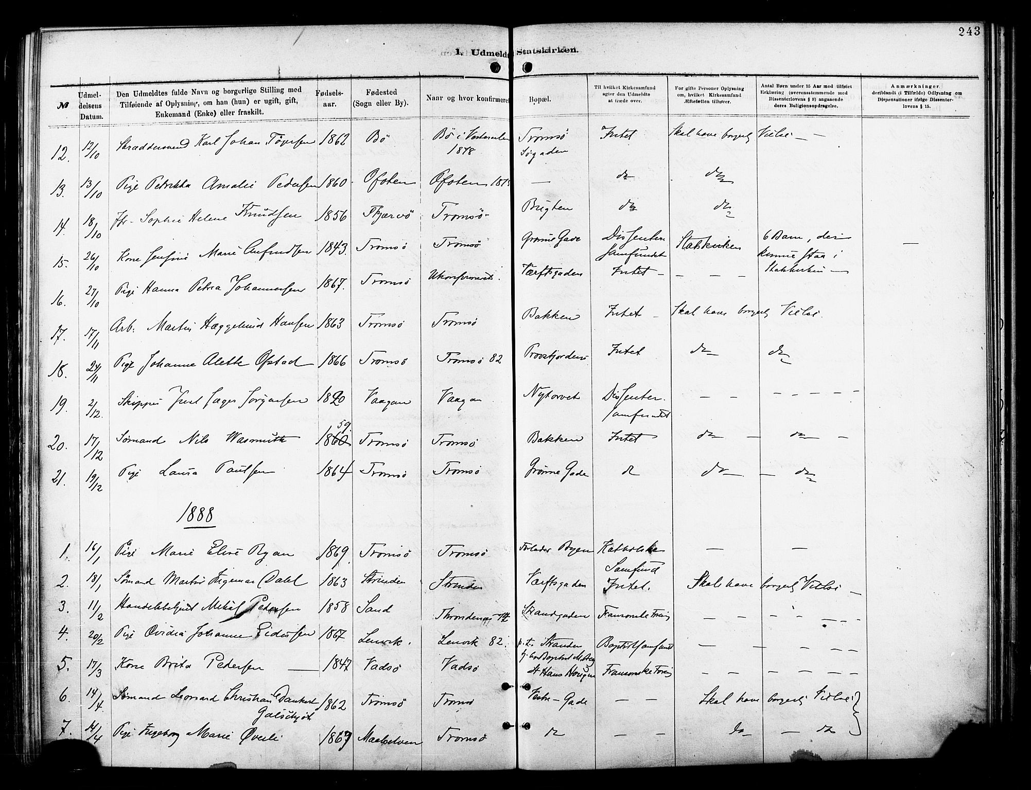 Tromsø sokneprestkontor/stiftsprosti/domprosti, SATØ/S-1343/G/Ga/L0014kirke: Parish register (official) no. 14, 1878-1888, p. 243