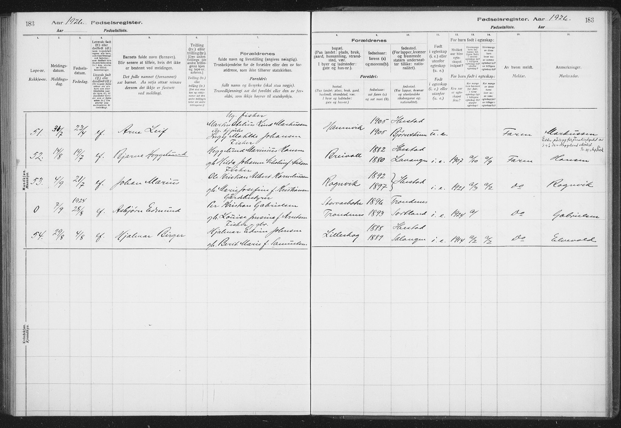 Ibestad sokneprestembete, AV/SATØ-S-0077/I/Ic/L0061: Birth register no. 61, 1917-1929, p. 183