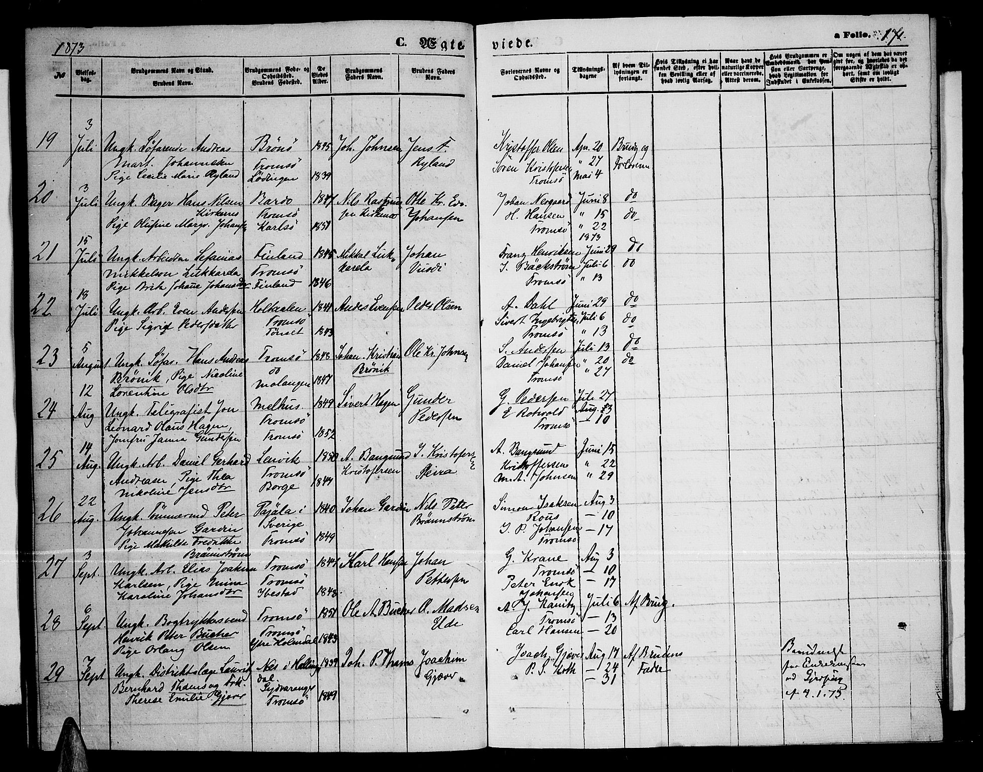 Tromsø sokneprestkontor/stiftsprosti/domprosti, AV/SATØ-S-1343/G/Gb/L0007klokker: Parish register (copy) no. 7, 1867-1875, p. 171