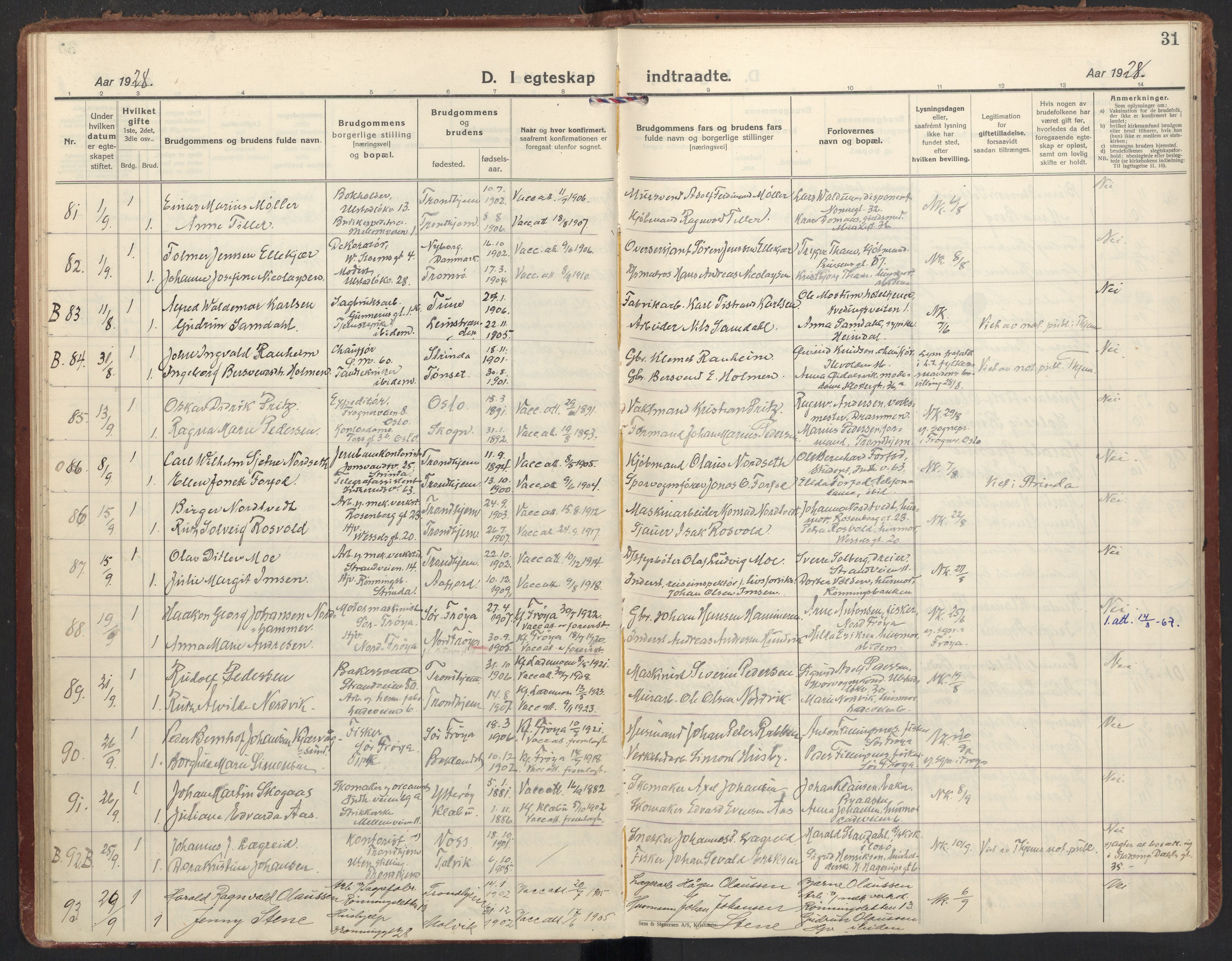 Ministerialprotokoller, klokkerbøker og fødselsregistre - Sør-Trøndelag, AV/SAT-A-1456/605/L0249: Parish register (official) no. 605A11, 1925-1936, p. 31