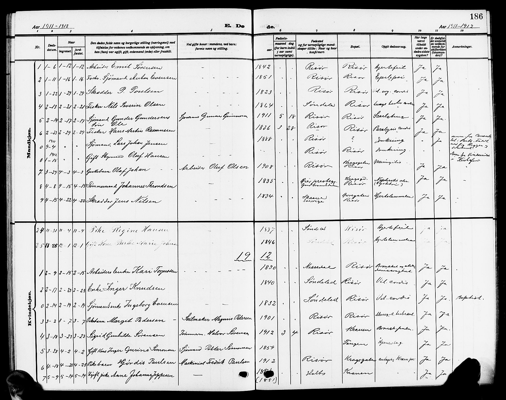 Risør sokneprestkontor, SAK/1111-0035/F/Fb/L0008: Parish register (copy) no. B 8, 1909-1921, p. 186