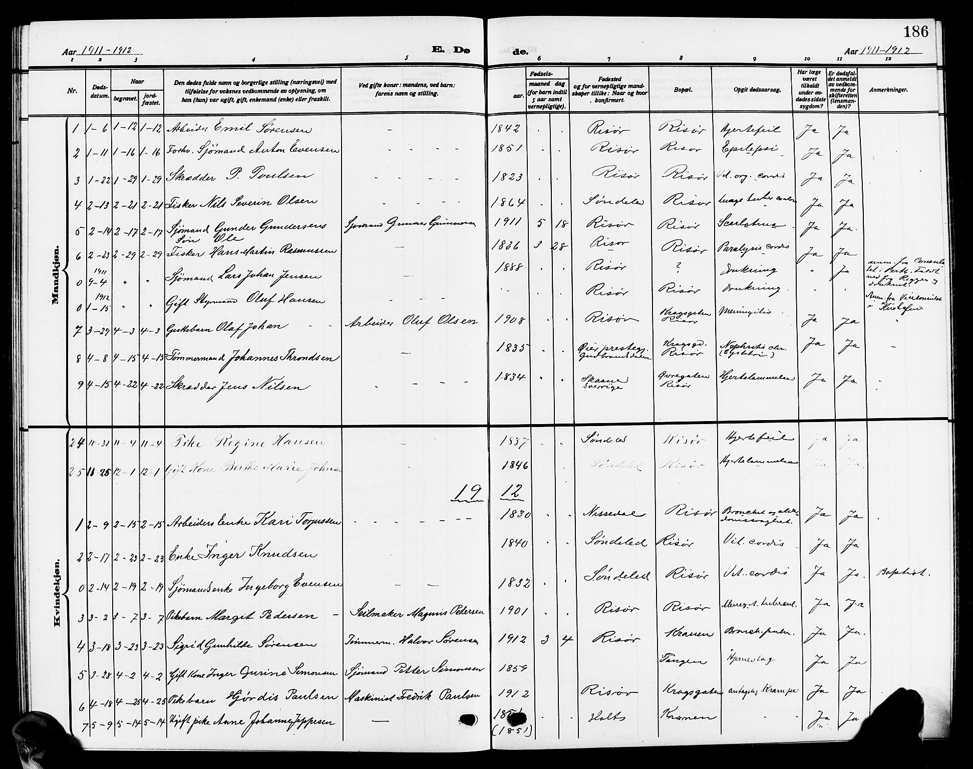 Risør sokneprestkontor, AV/SAK-1111-0035/F/Fb/L0008: Parish register (copy) no. B 8, 1909-1921, p. 186