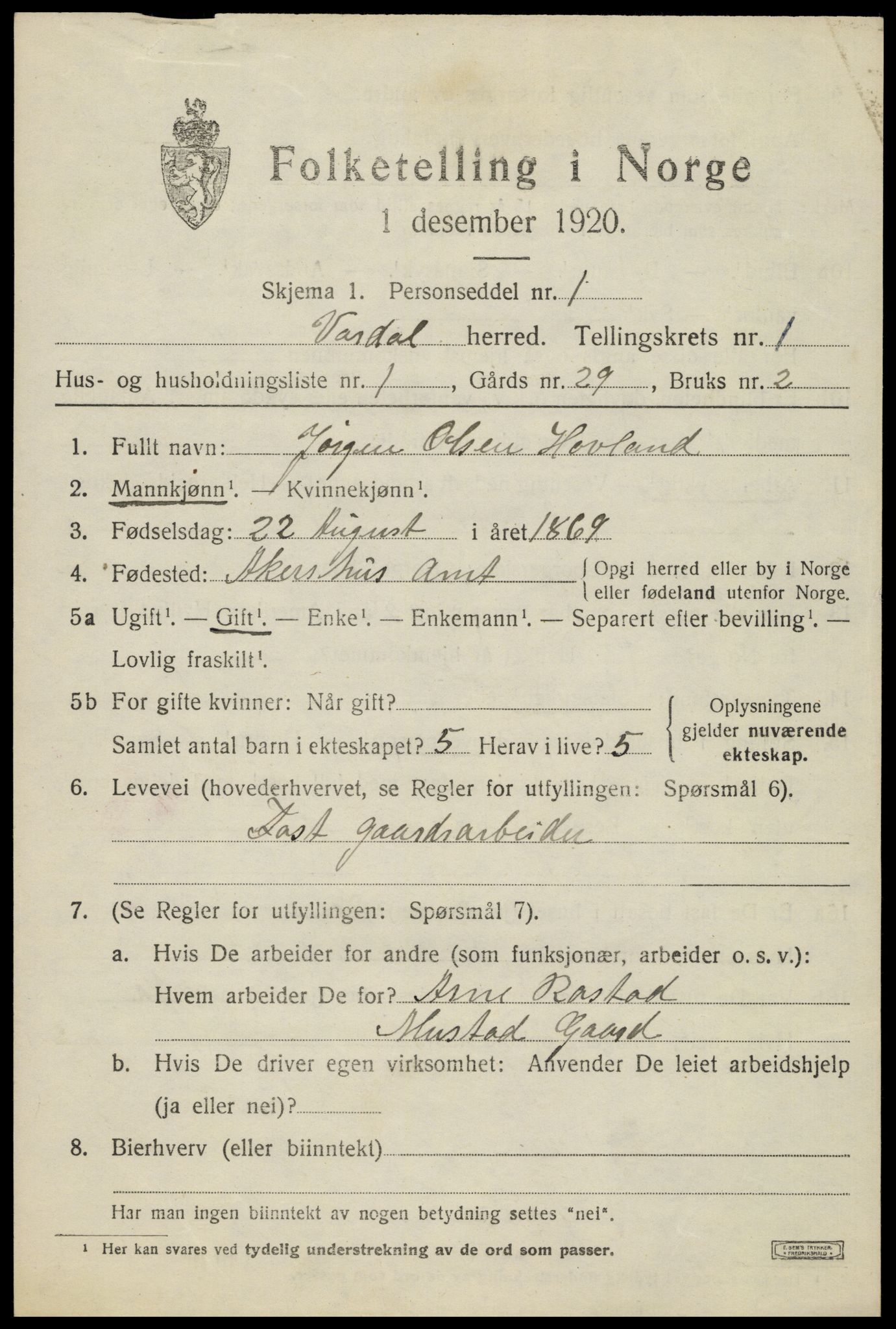 SAH, 1920 census for Vardal, 1920, p. 1945