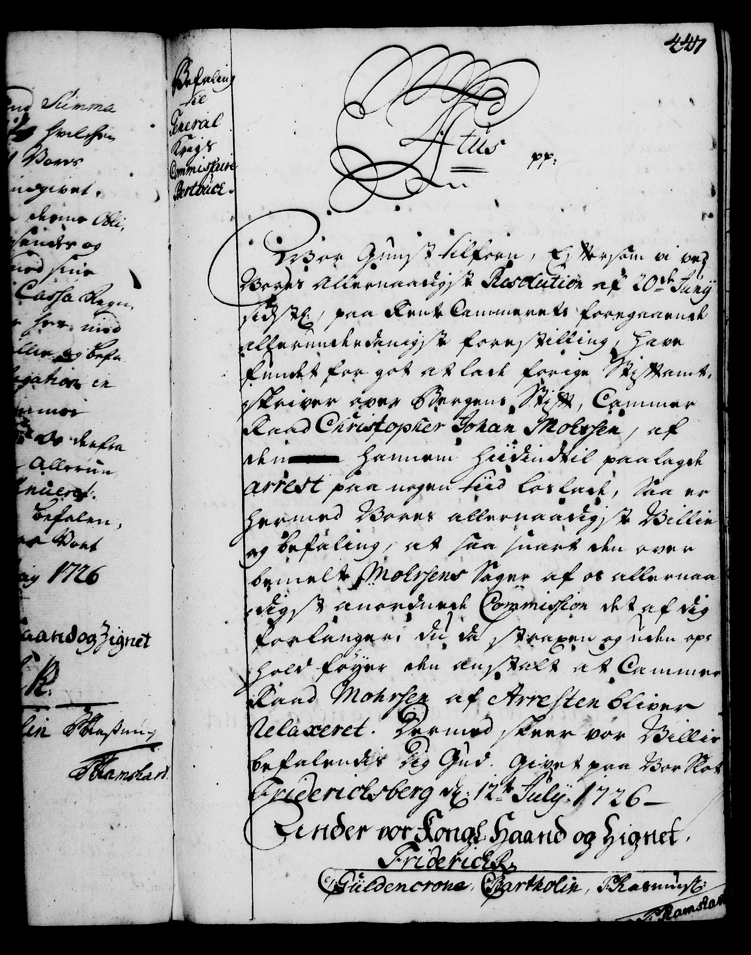 Rentekammeret, Kammerkanselliet, RA/EA-3111/G/Gg/Gga/L0002: Norsk ekspedisjonsprotokoll med register (merket RK 53.2), 1723-1727, p. 447