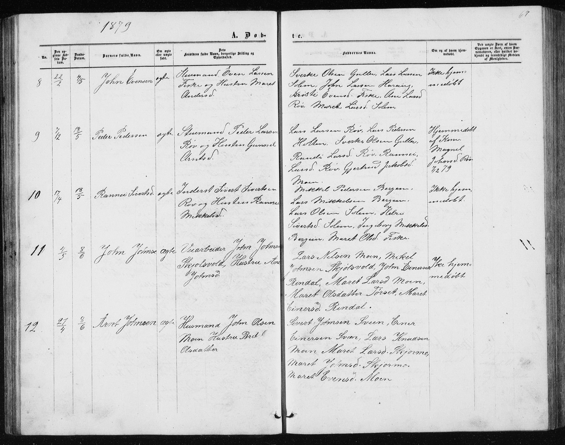 Ministerialprotokoller, klokkerbøker og fødselsregistre - Møre og Romsdal, AV/SAT-A-1454/597/L1064: Parish register (copy) no. 597C01, 1866-1898, p. 67