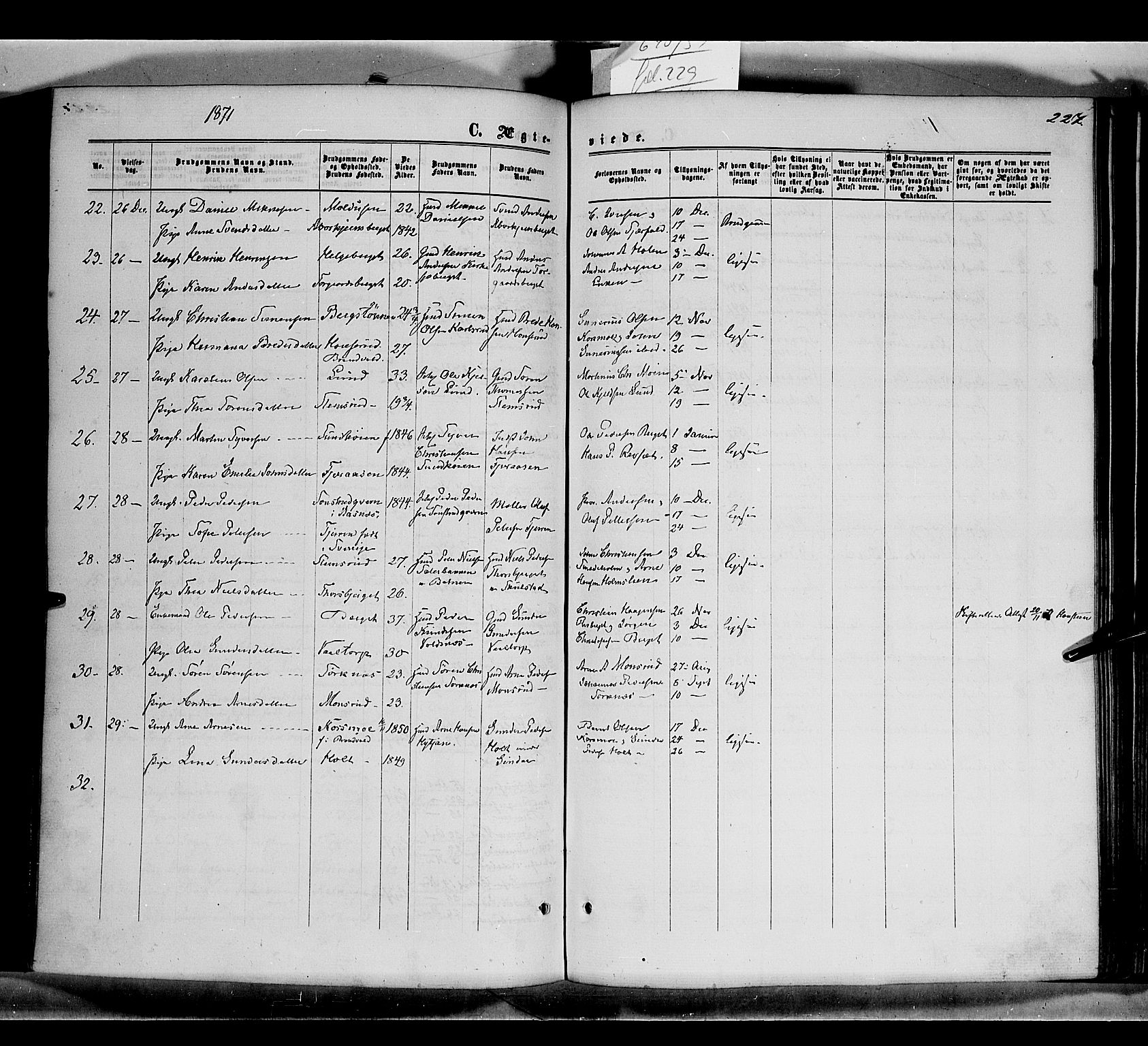 Grue prestekontor, SAH/PREST-036/H/Ha/Haa/L0010: Parish register (official) no. 10, 1864-1873, p. 227