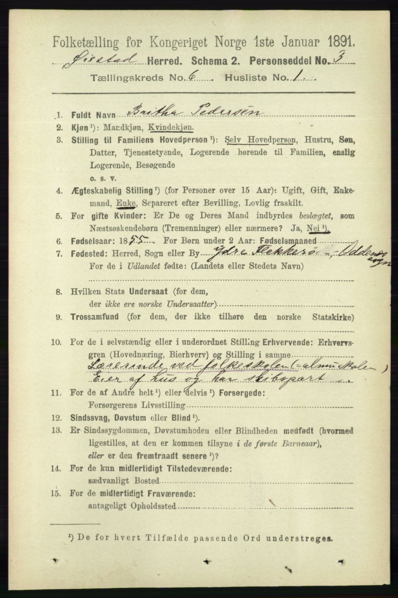 RA, 1891 census for 0920 Øyestad, 1891, p. 2133