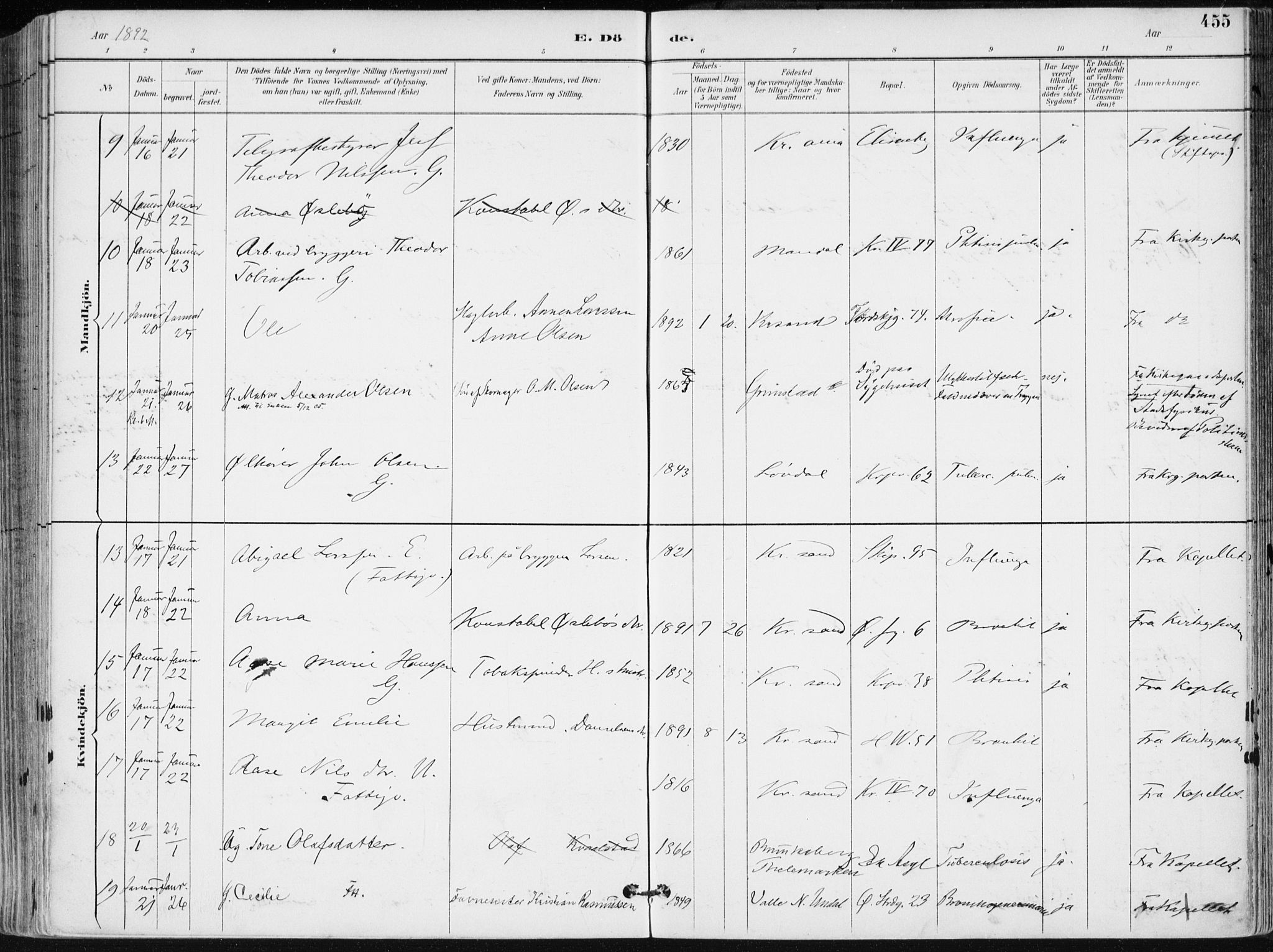 Kristiansand domprosti, AV/SAK-1112-0006/F/Fa/L0019: Parish register (official) no. A 18, 1890-1897, p. 455