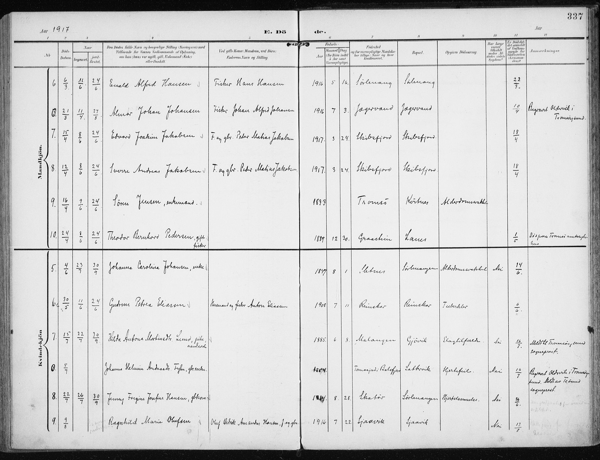 Karlsøy sokneprestembete, AV/SATØ-S-1299/H/Ha/Haa/L0014kirke: Parish register (official) no. 14, 1903-1917, p. 337