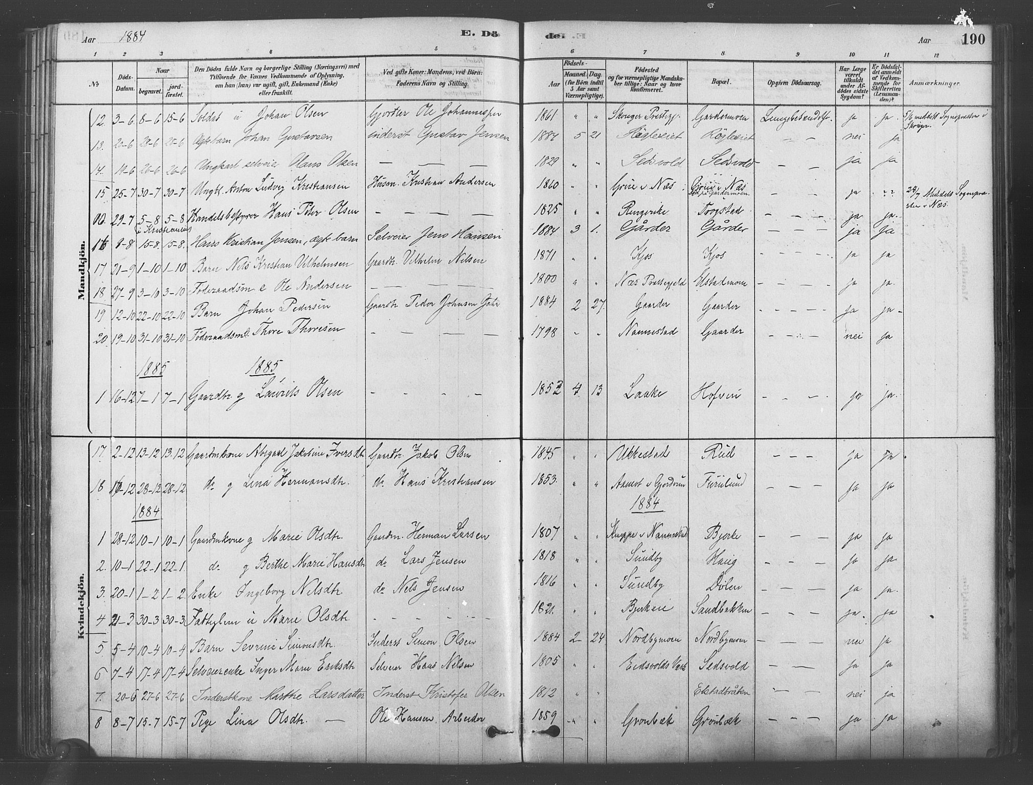 Ullensaker prestekontor Kirkebøker, SAO/A-10236a/F/Fb/L0001: Parish register (official) no. II 1, 1878-1893, p. 190