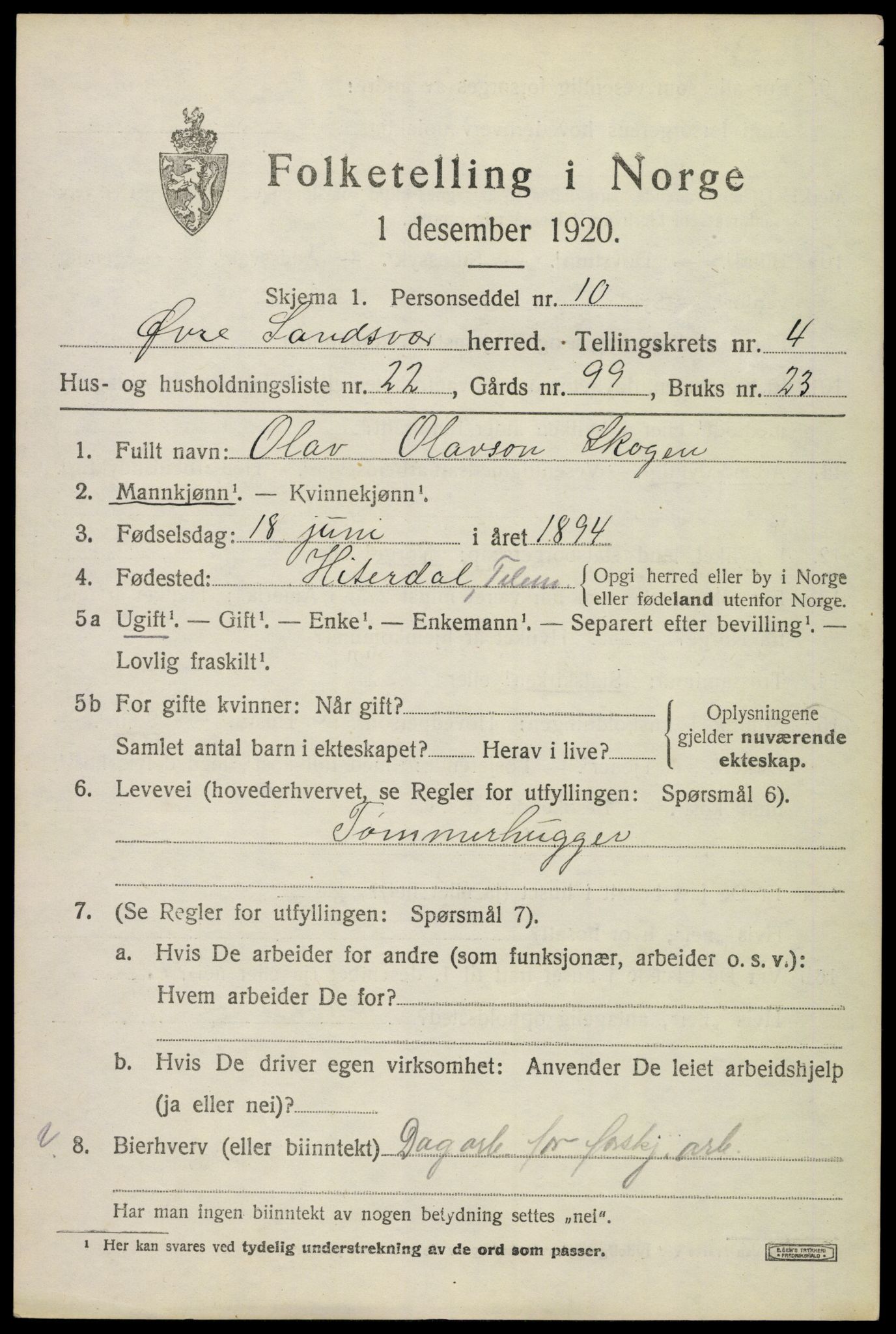 SAKO, 1920 census for Øvre Sandsvær, 1920, p. 2816