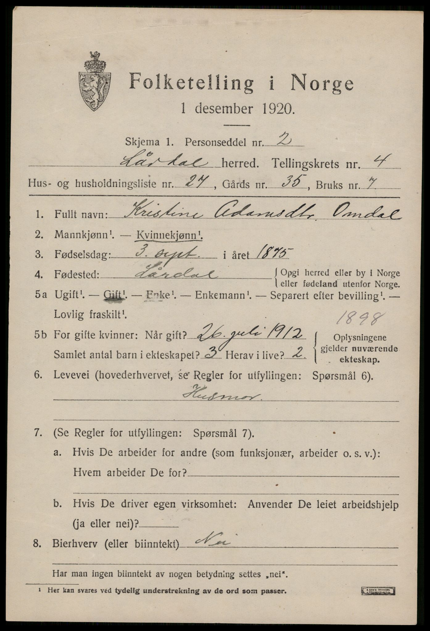 SAKO, 1920 census for Lårdal, 1920, p. 2393