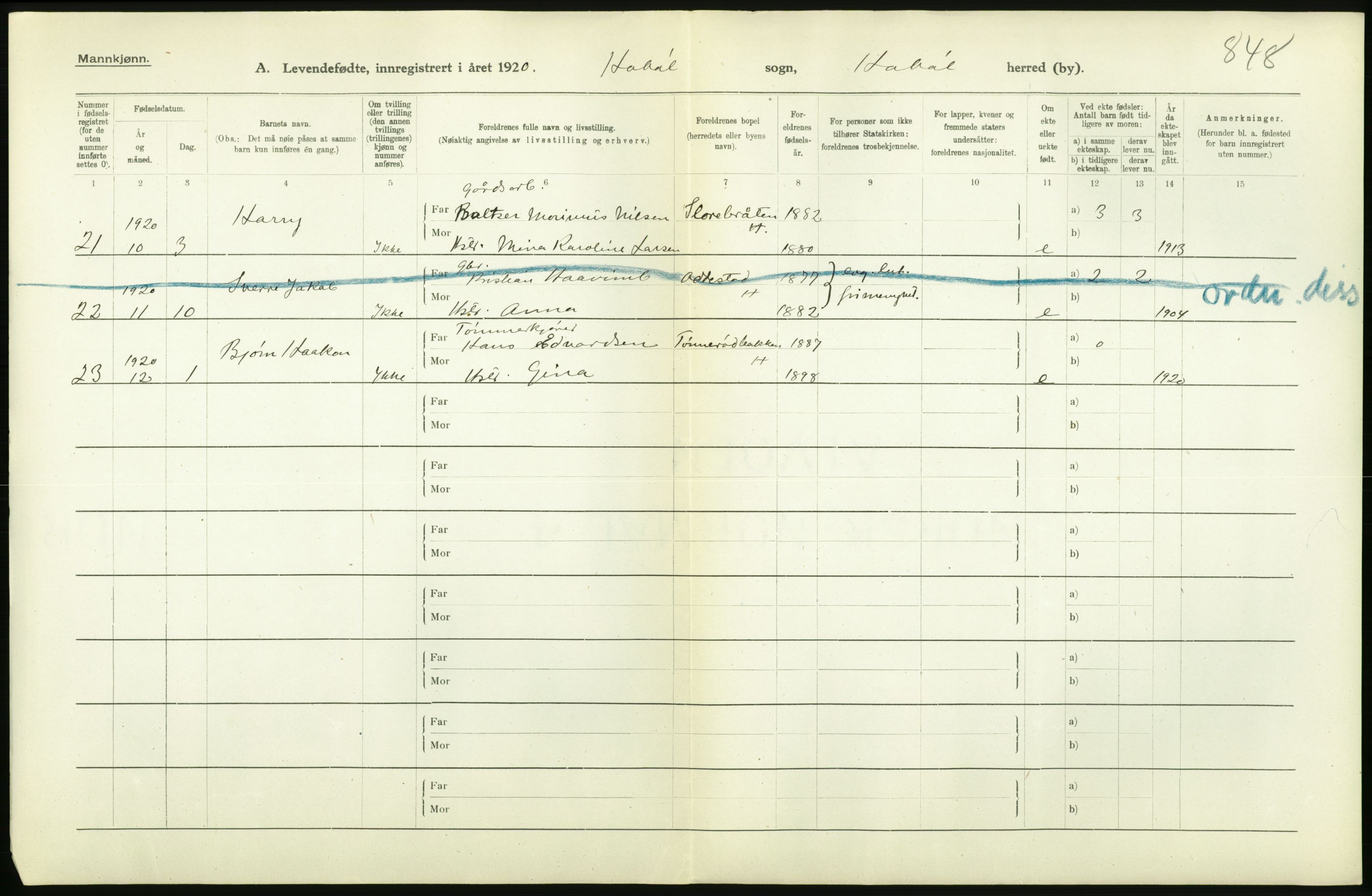 Statistisk sentralbyrå, Sosiodemografiske emner, Befolkning, RA/S-2228/D/Df/Dfb/Dfbj/L0001: Østfold fylke: Levendefødte menn og kvinner. Bygder., 1920, p. 6