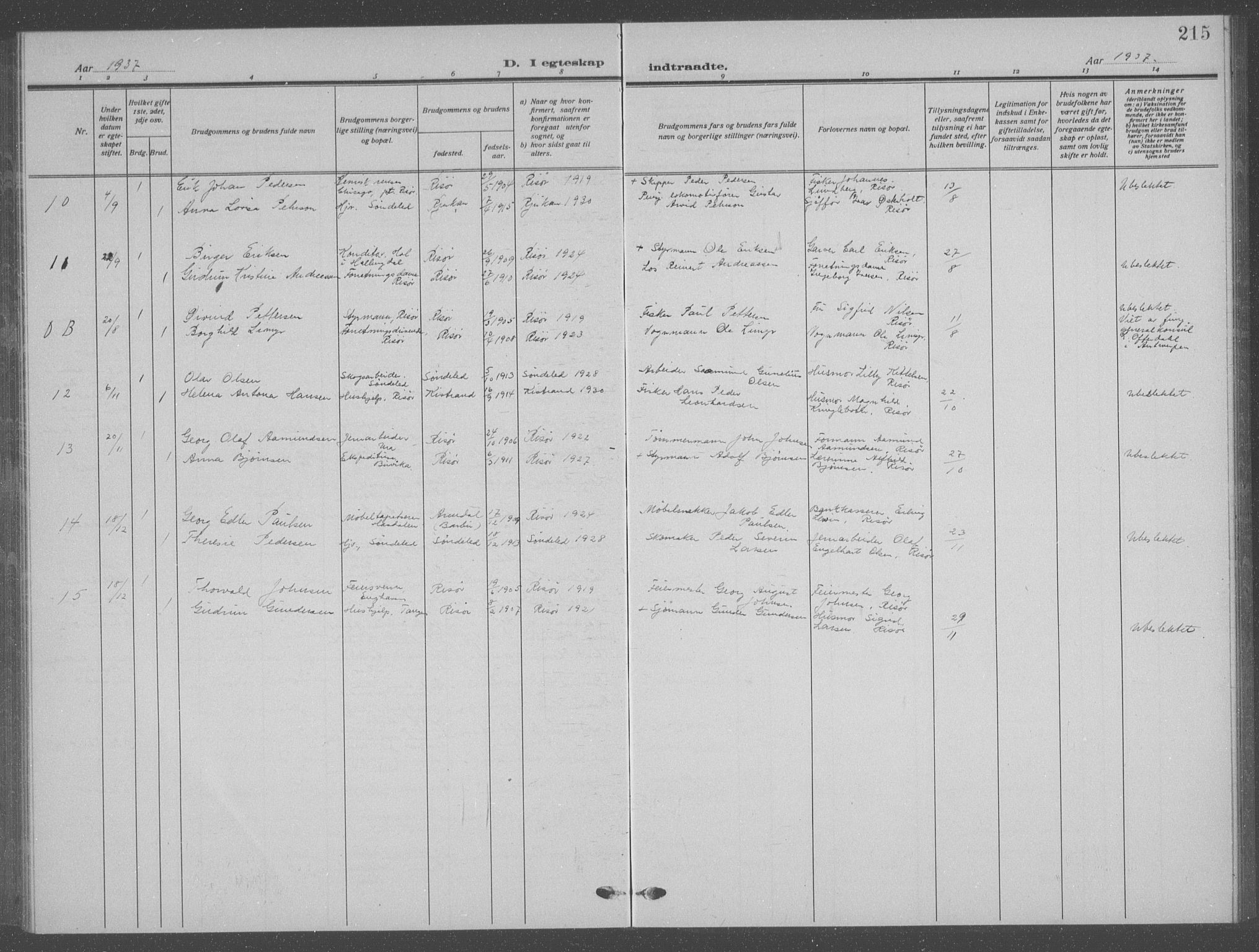Risør sokneprestkontor, AV/SAK-1111-0035/F/Fb/L0009: Parish register (copy) no. B 9, 1922-1939, p. 215