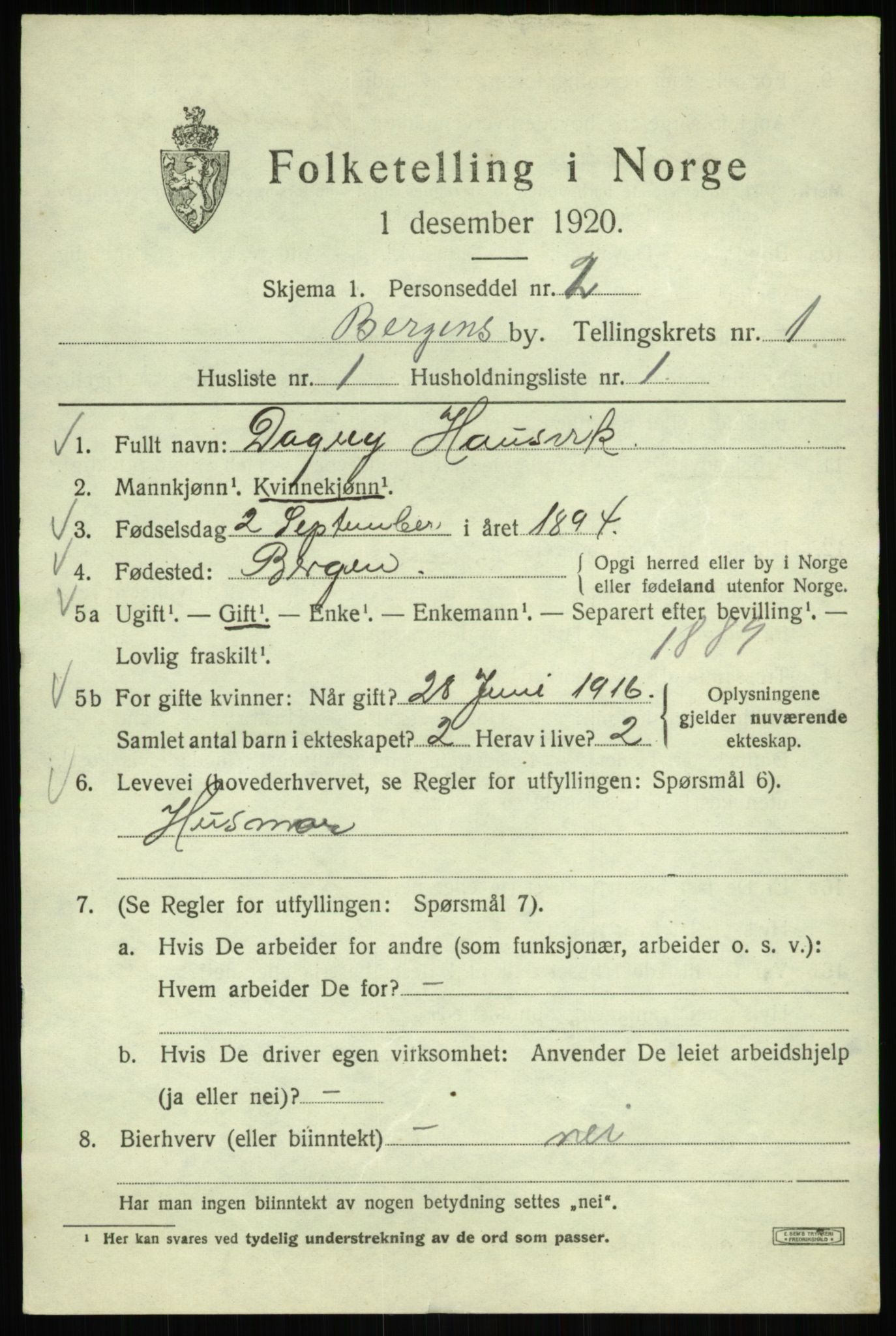 SAB, 1920 census for Bergen, 1920, p. 58183