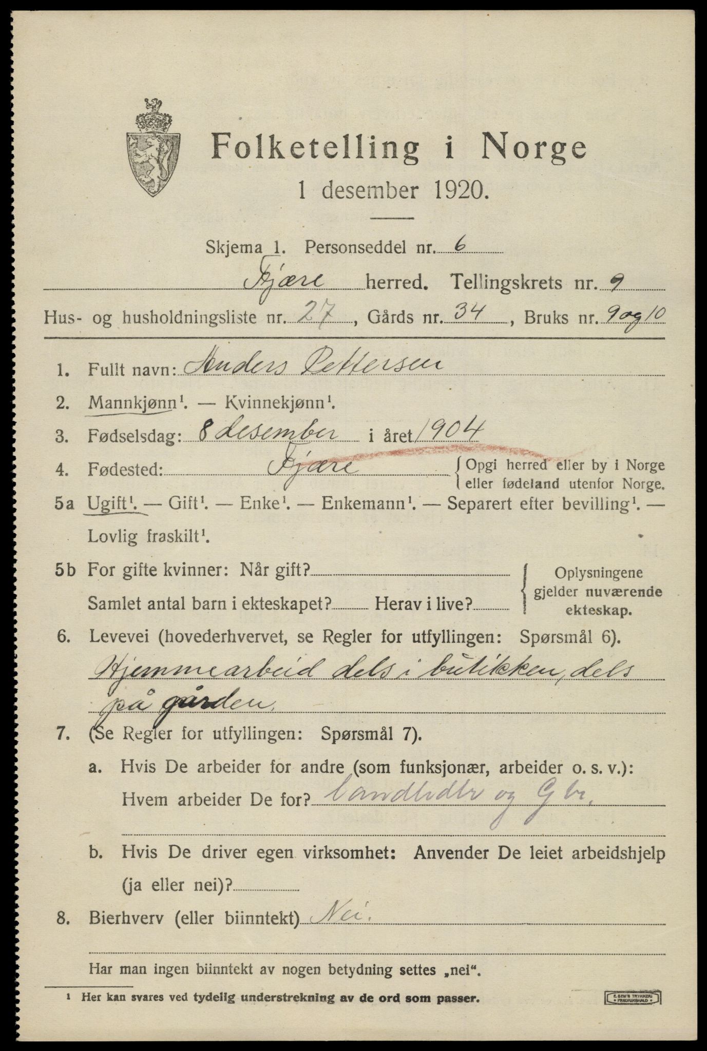 SAK, 1920 census for Fjære, 1920, p. 11387