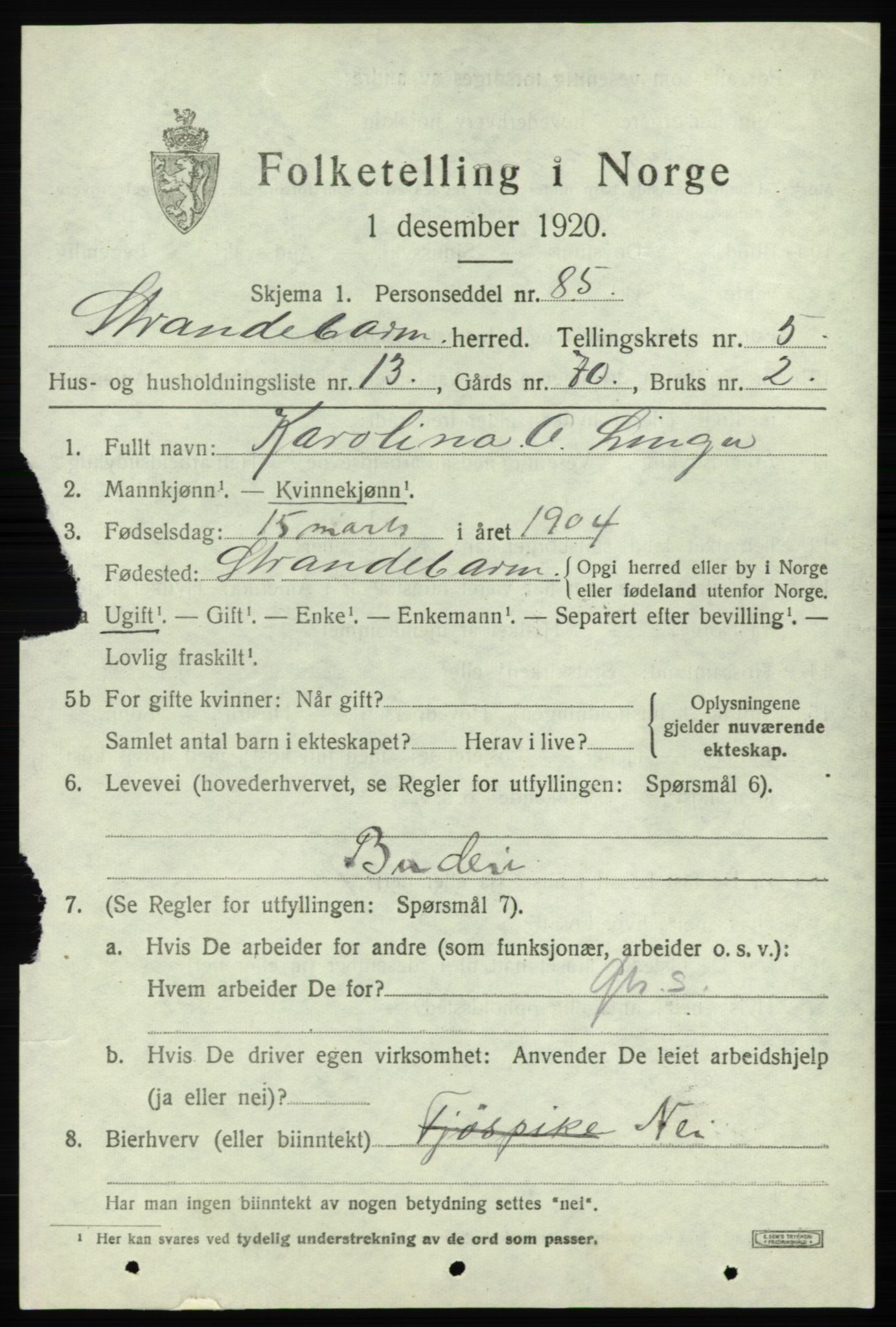 SAB, 1920 census for Strandebarm, 1920, p. 3938