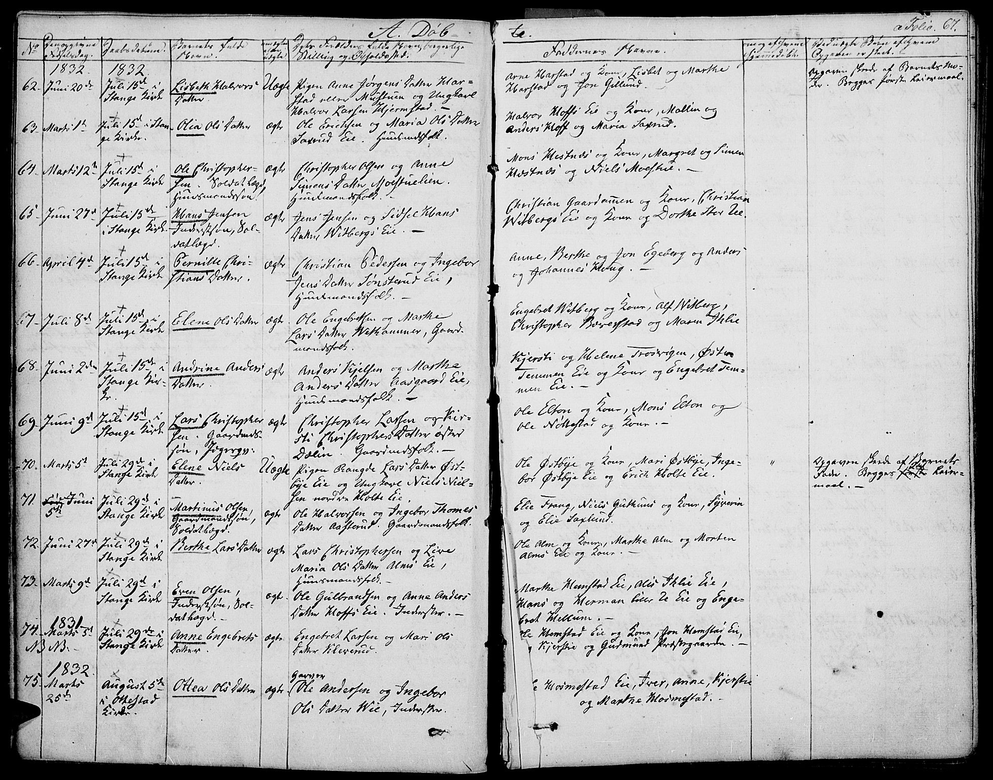 Stange prestekontor, SAH/PREST-002/K/L0009: Parish register (official) no. 9, 1826-1835, p. 67