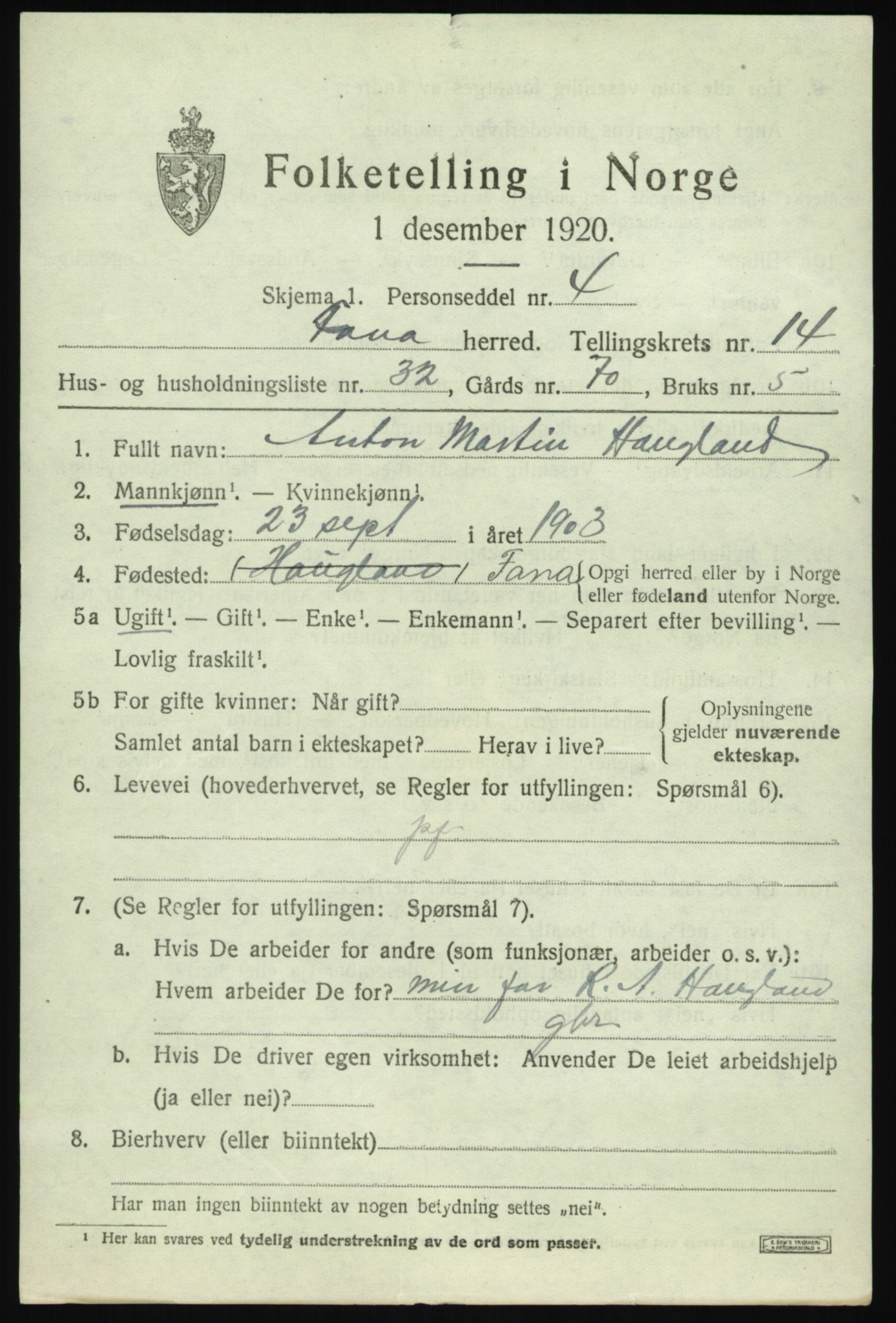 SAB, 1920 census for Fana, 1920, p. 20981