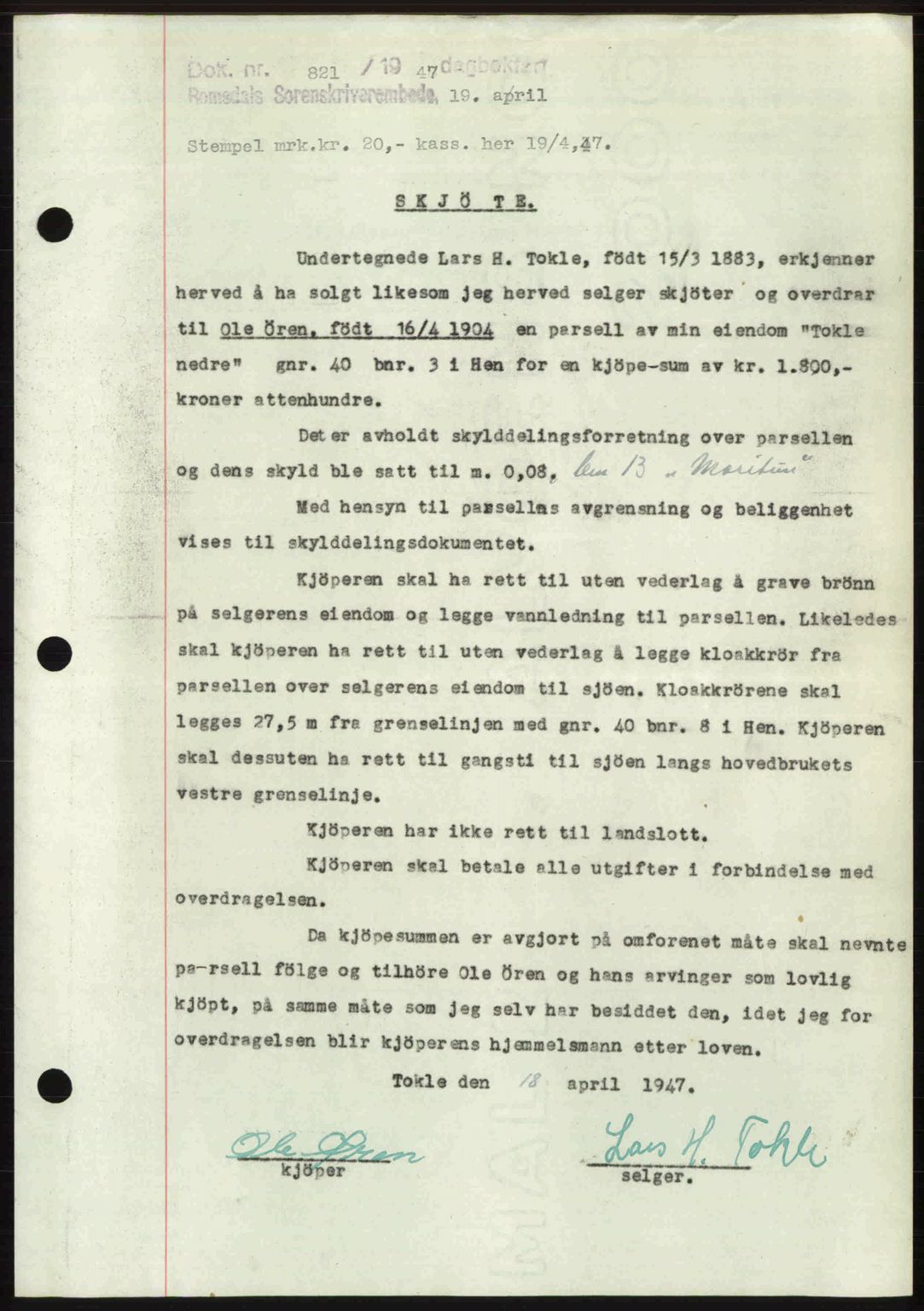 Romsdal sorenskriveri, AV/SAT-A-4149/1/2/2C: Mortgage book no. A22, 1947-1947, Diary no: : 821/1947