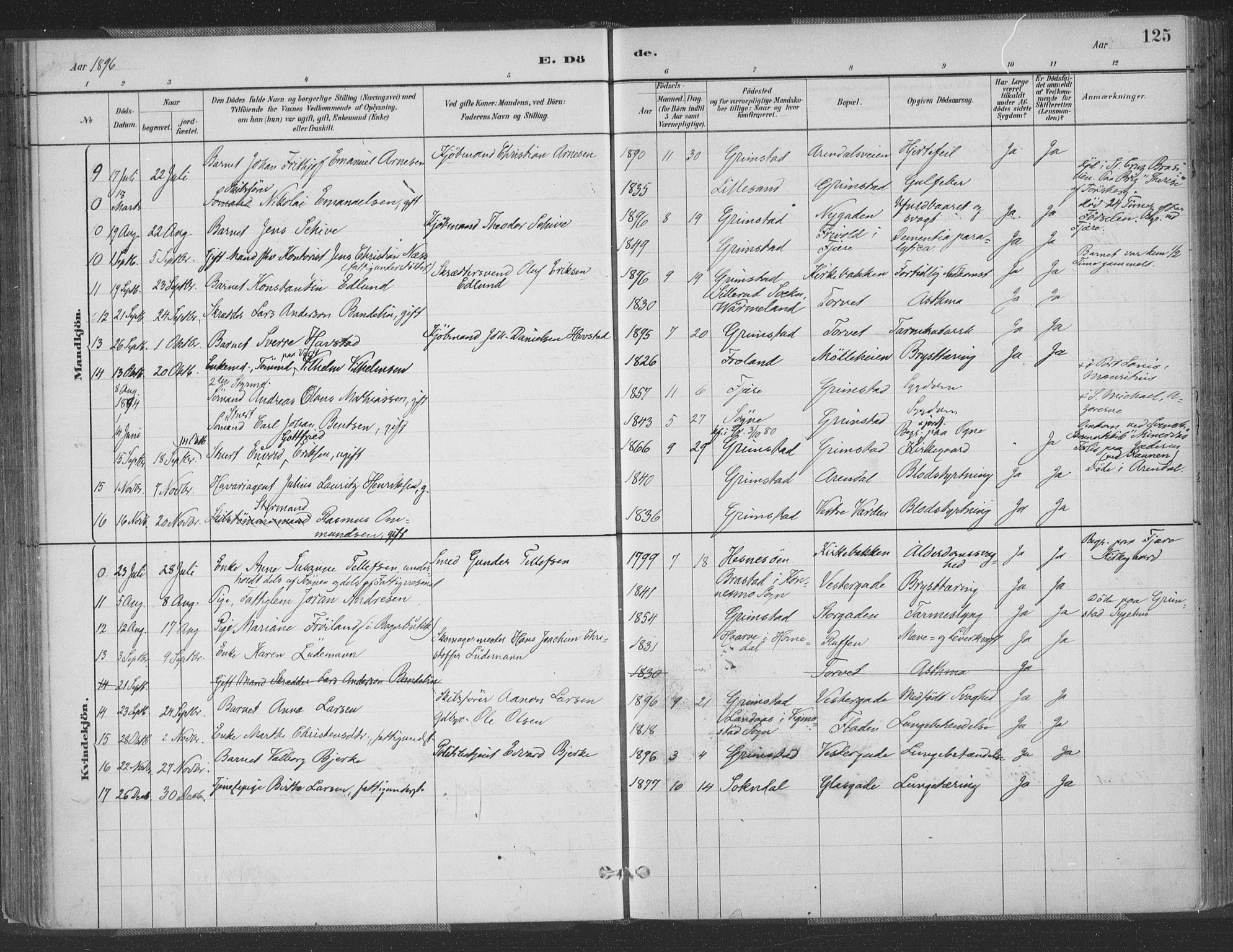 Grimstad sokneprestkontor, SAK/1111-0017/F/Fa/L0004: Parish register (official) no. A 3, 1882-1910, p. 125