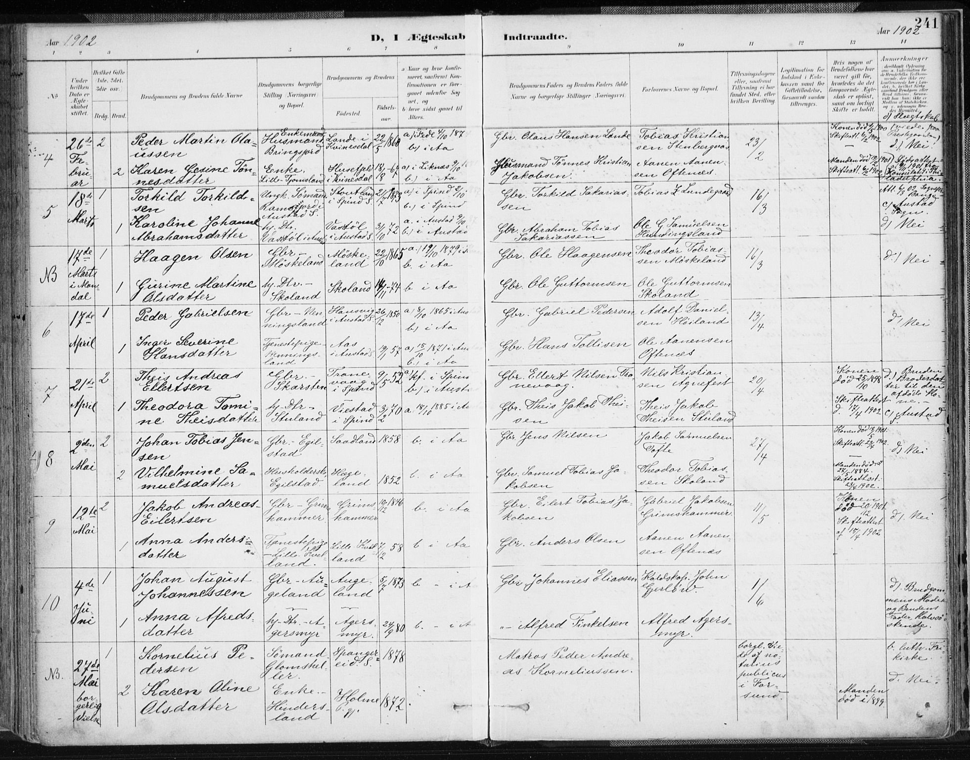 Lyngdal sokneprestkontor, SAK/1111-0029/F/Fa/Fac/L0012: Parish register (official) no. A 12, 1894-1918, p. 241