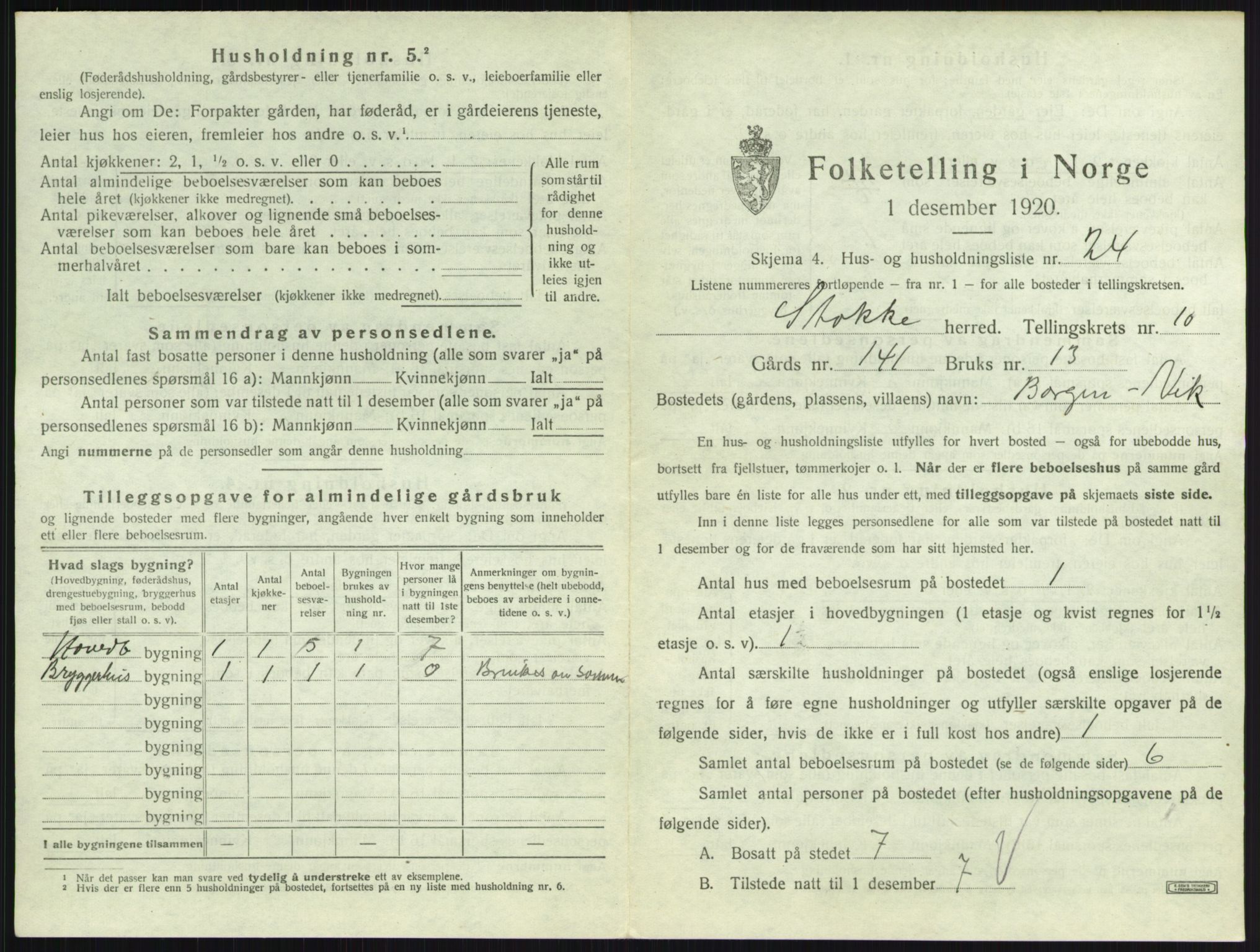 SAKO, 1920 census for Stokke, 1920, p. 1866