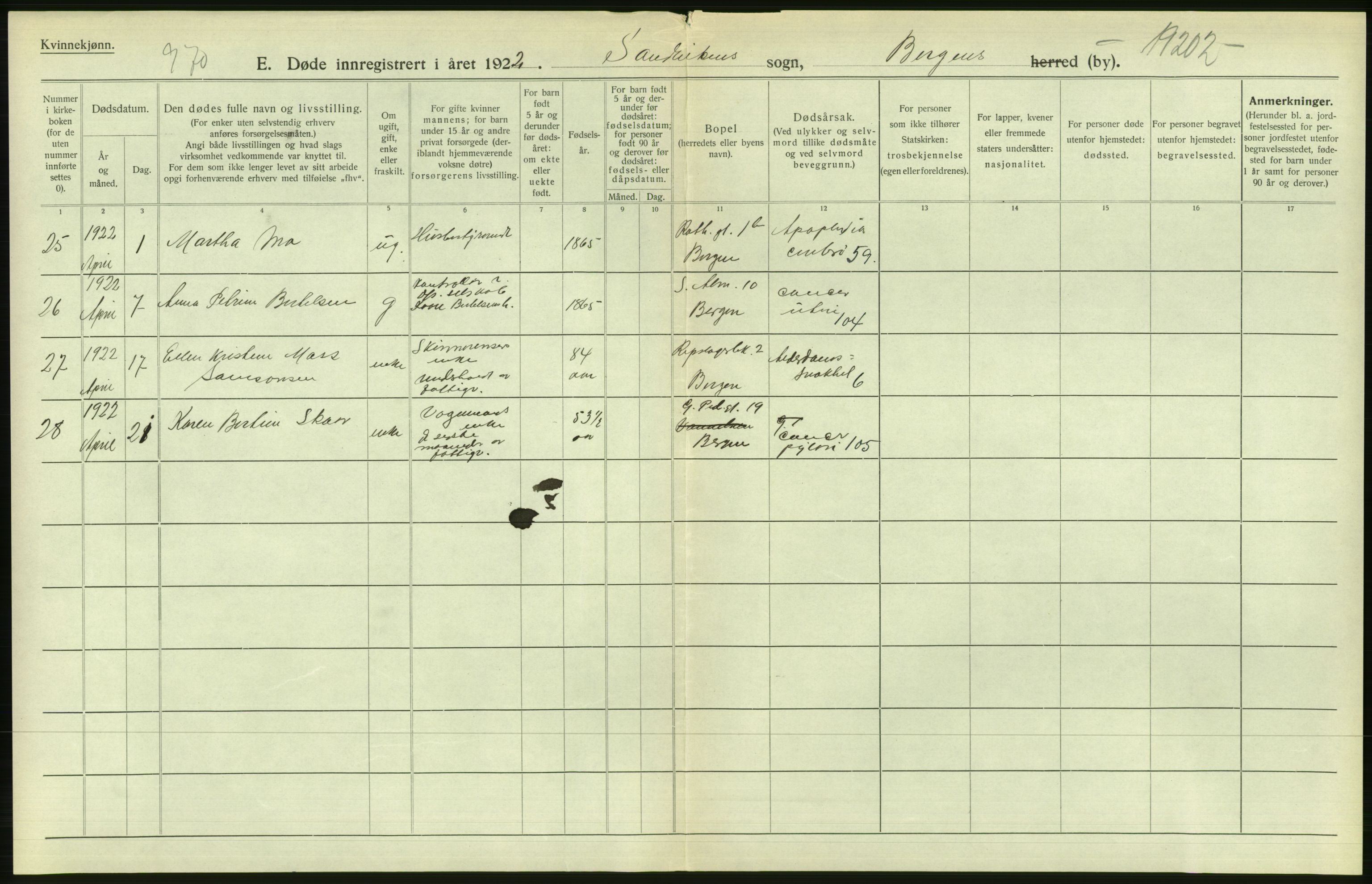 Statistisk sentralbyrå, Sosiodemografiske emner, Befolkning, AV/RA-S-2228/D/Df/Dfc/Dfcb/L0030: Bergen: Gifte, døde, dødfødte., 1922, p. 550