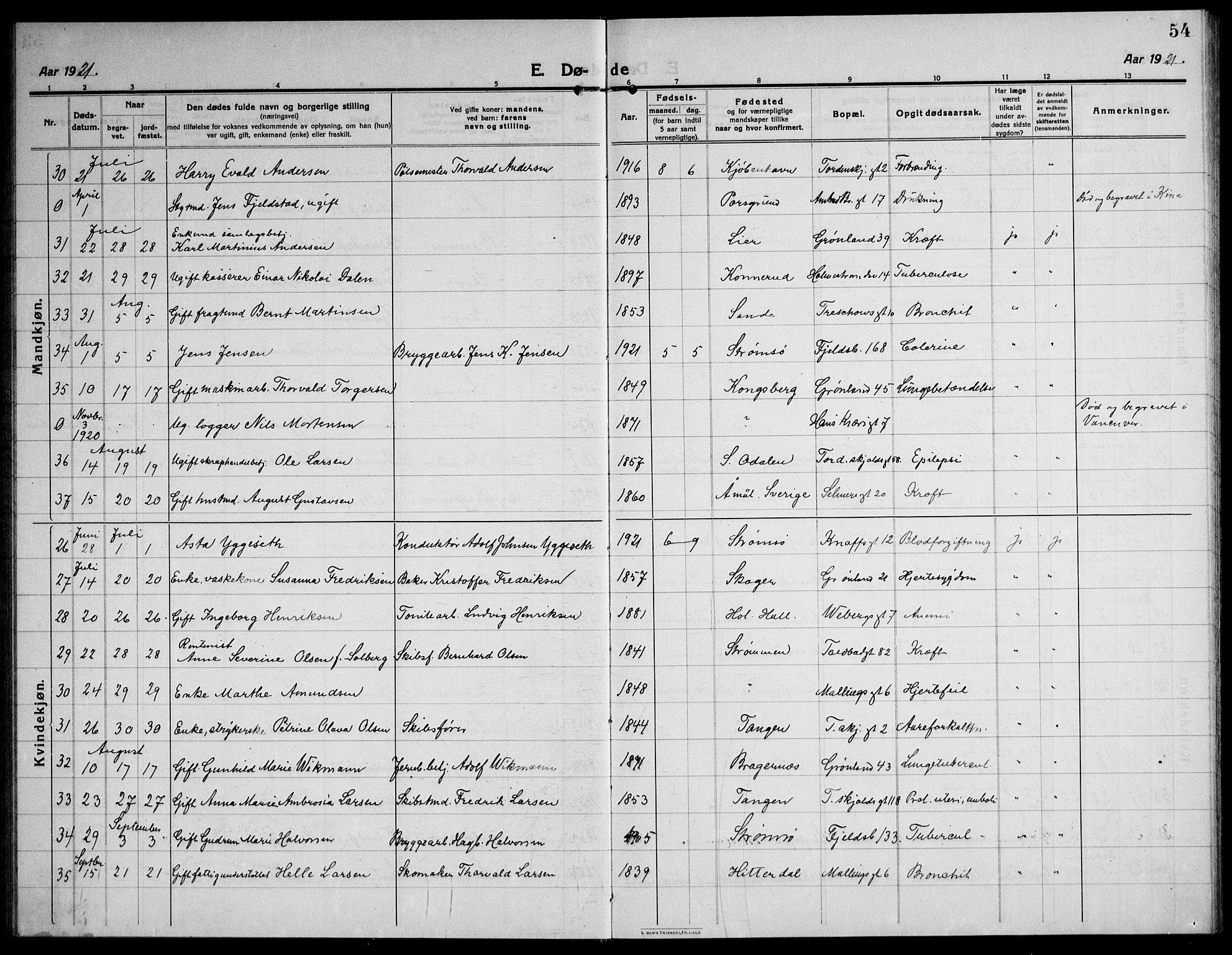 Strømsø kirkebøker, AV/SAKO-A-246/F/Fa/L0028: Parish register (official) no. I 29, 1914-1937, p. 54