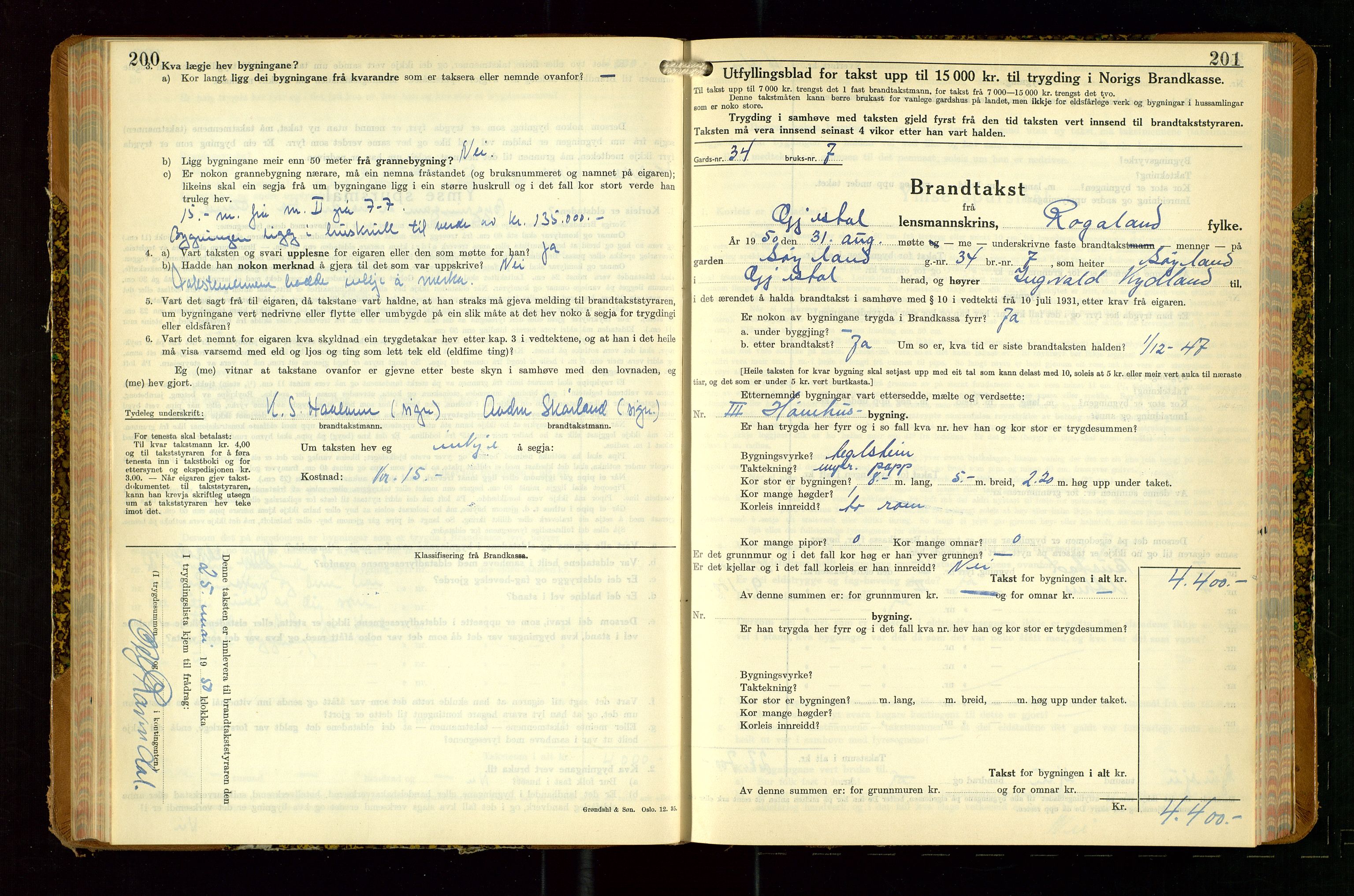 Gjesdal lensmannskontor, AV/SAST-A-100441/Go/L0008: Branntakstskjemaprotokoll, 1937-1955, p. 200-201