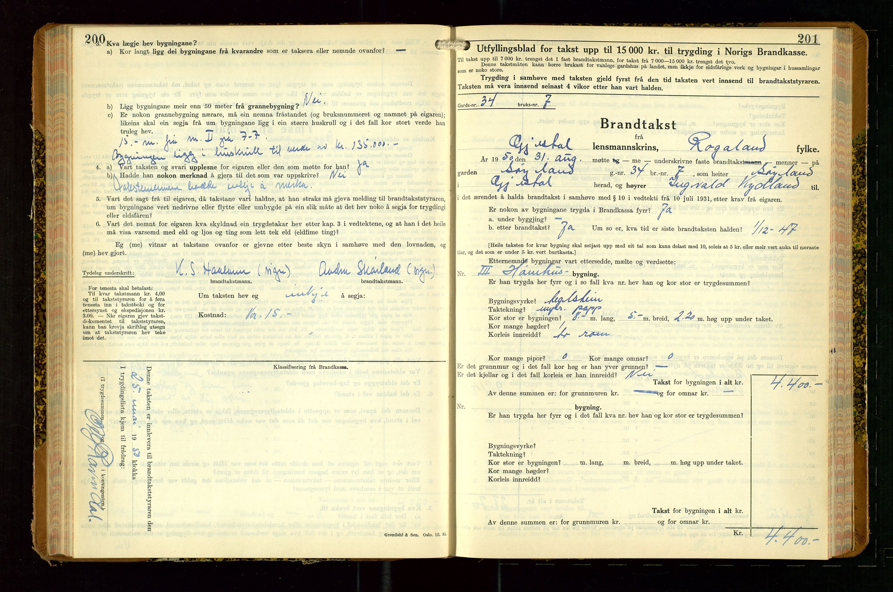 Gjesdal lensmannskontor, SAST/A-100441/Go/L0008: Branntakstskjemaprotokoll, 1937-1955, p. 200-201