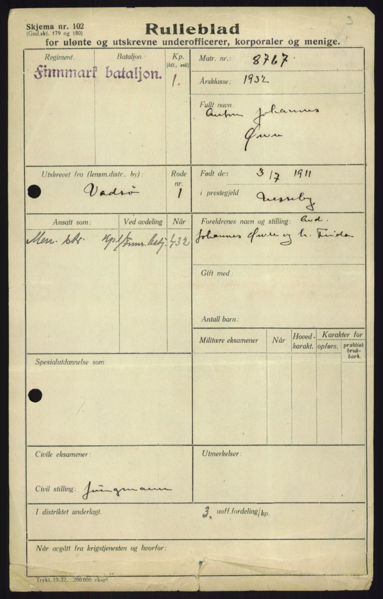 Forsvaret, Troms infanteriregiment nr. 16, AV/RA-RAFA-3146/P/Pa/L0017: Rulleblad for regimentets menige mannskaper, årsklasse 1933, 1933, p. 1371