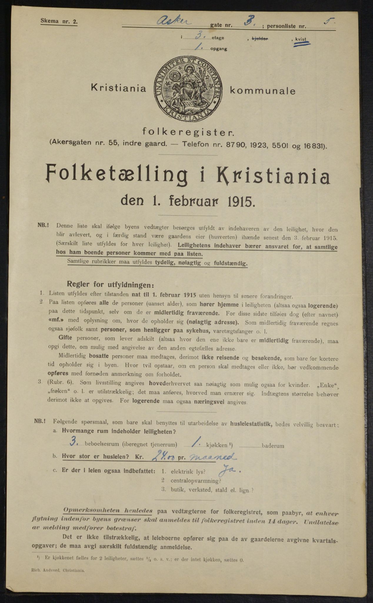 OBA, Municipal Census 1915 for Kristiania, 1915, p. 2603