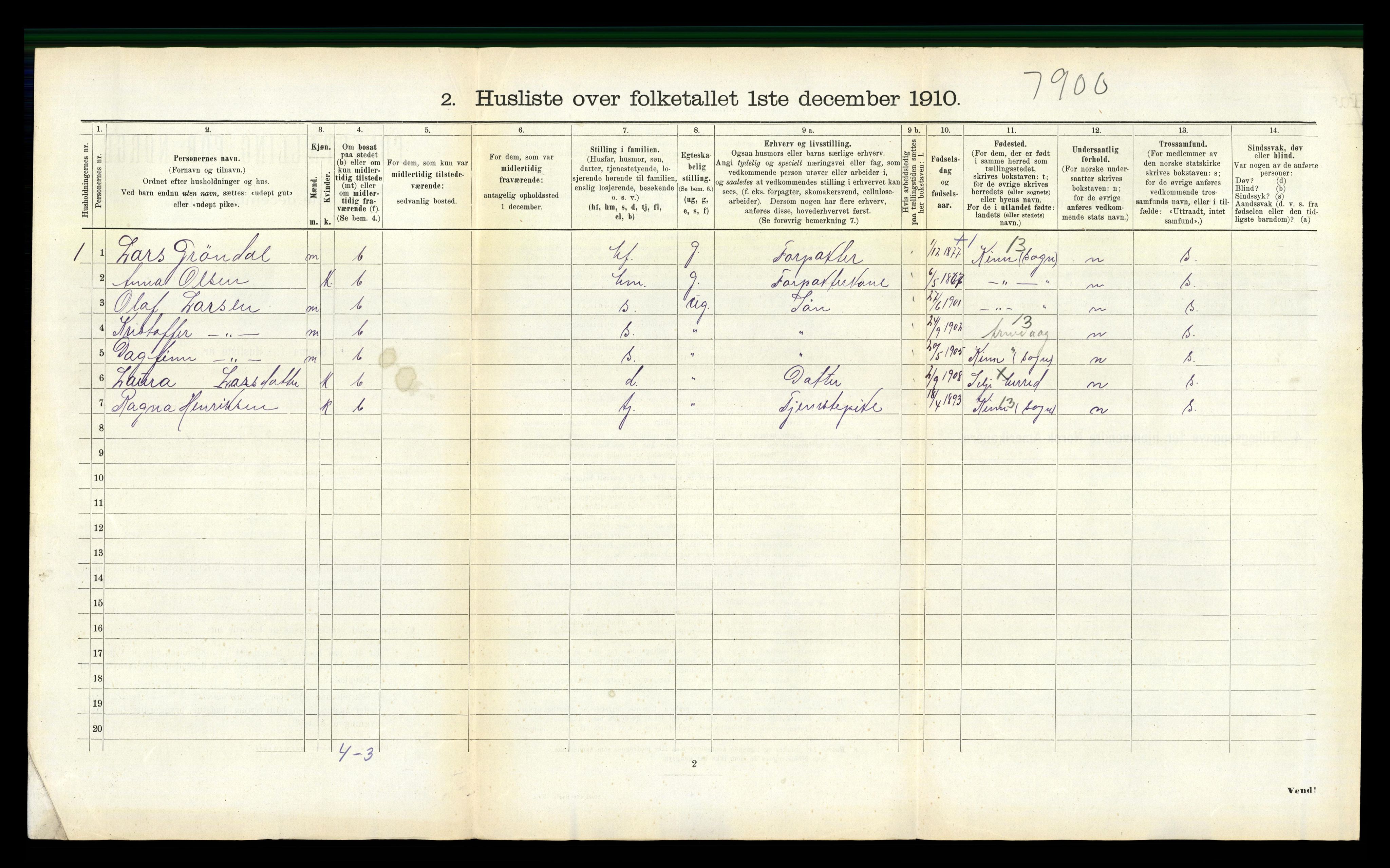 RA, 1910 census for Selje, 1910, p. 657