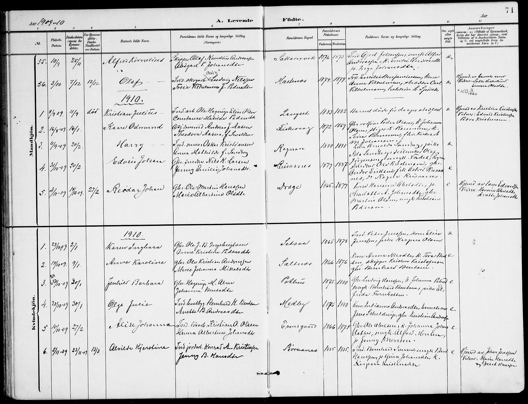 Ministerialprotokoller, klokkerbøker og fødselsregistre - Nordland, AV/SAT-A-1459/847/L0672: Parish register (official) no. 847A12, 1902-1919, p. 71