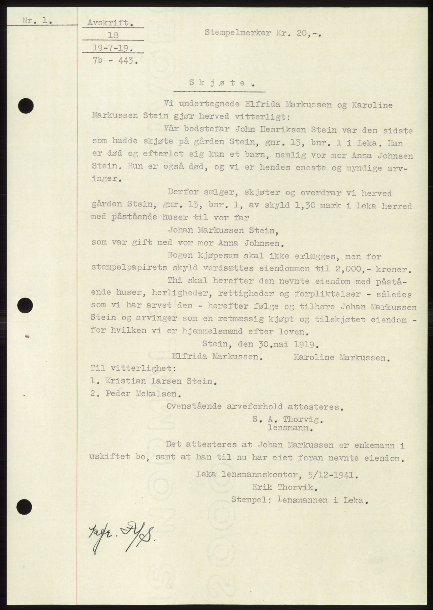 Namdal sorenskriveri, SAT/A-4133/1/2/2C: Mortgage book no. -, 1916-1921, Deed date: 19.07.1919