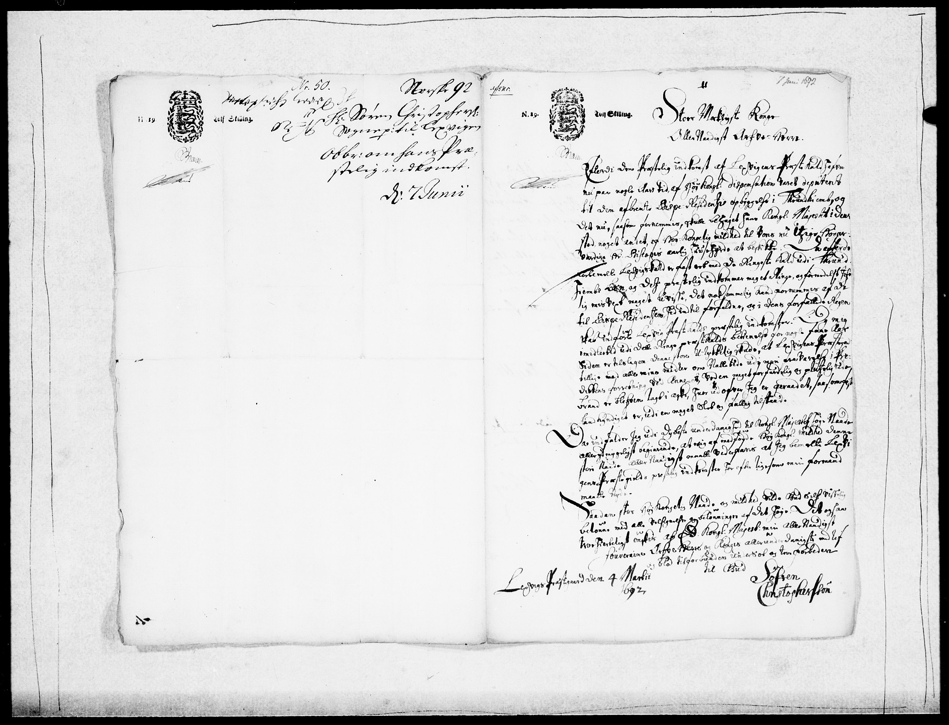 Danske Kanselli 1572-1799, AV/RA-EA-3023/F/Fc/Fcc/Fcca/L0045: Norske innlegg 1572-1799, 1691-1693, p. 153