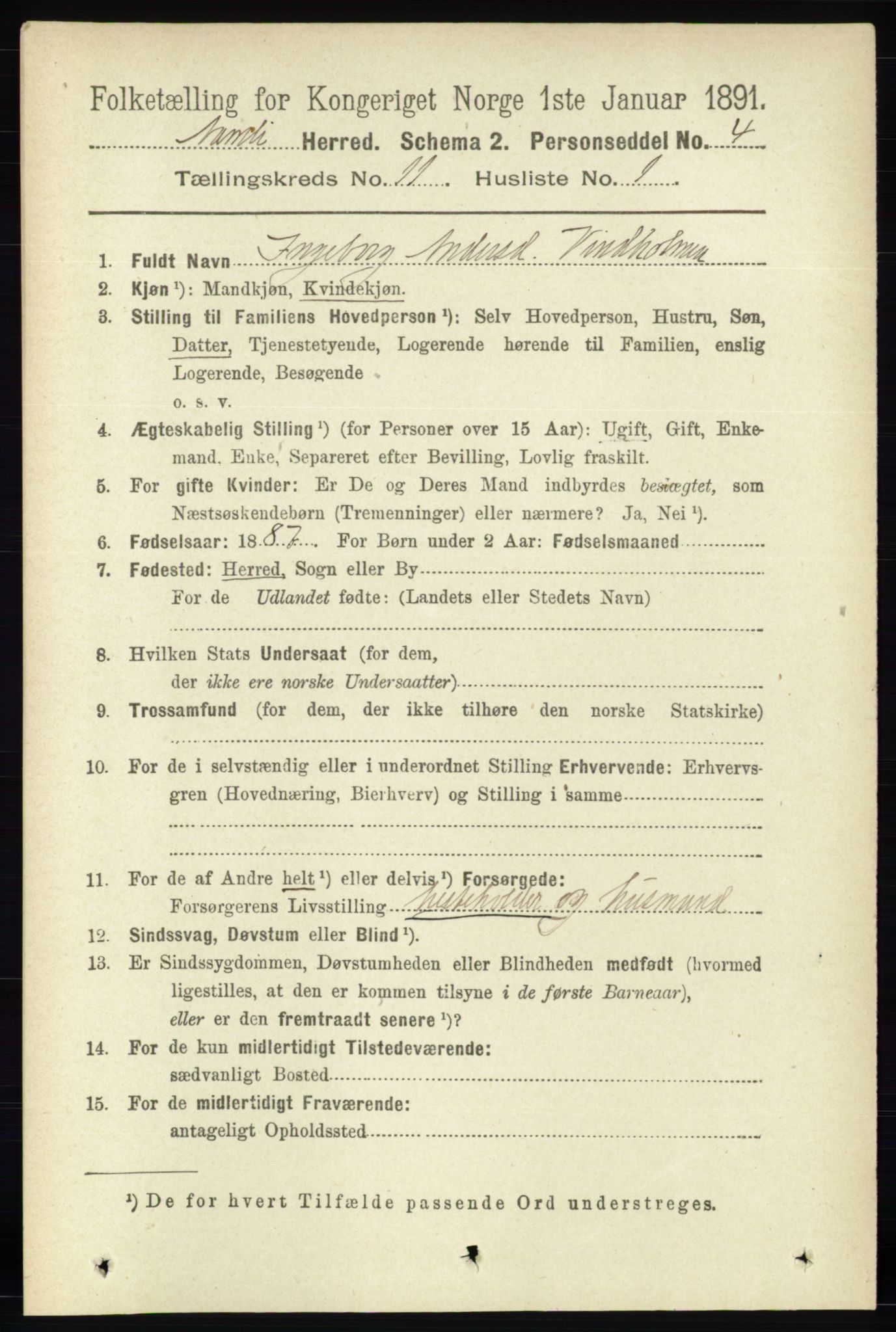 RA, 1891 census for 0929 Åmli, 1891, p. 1852