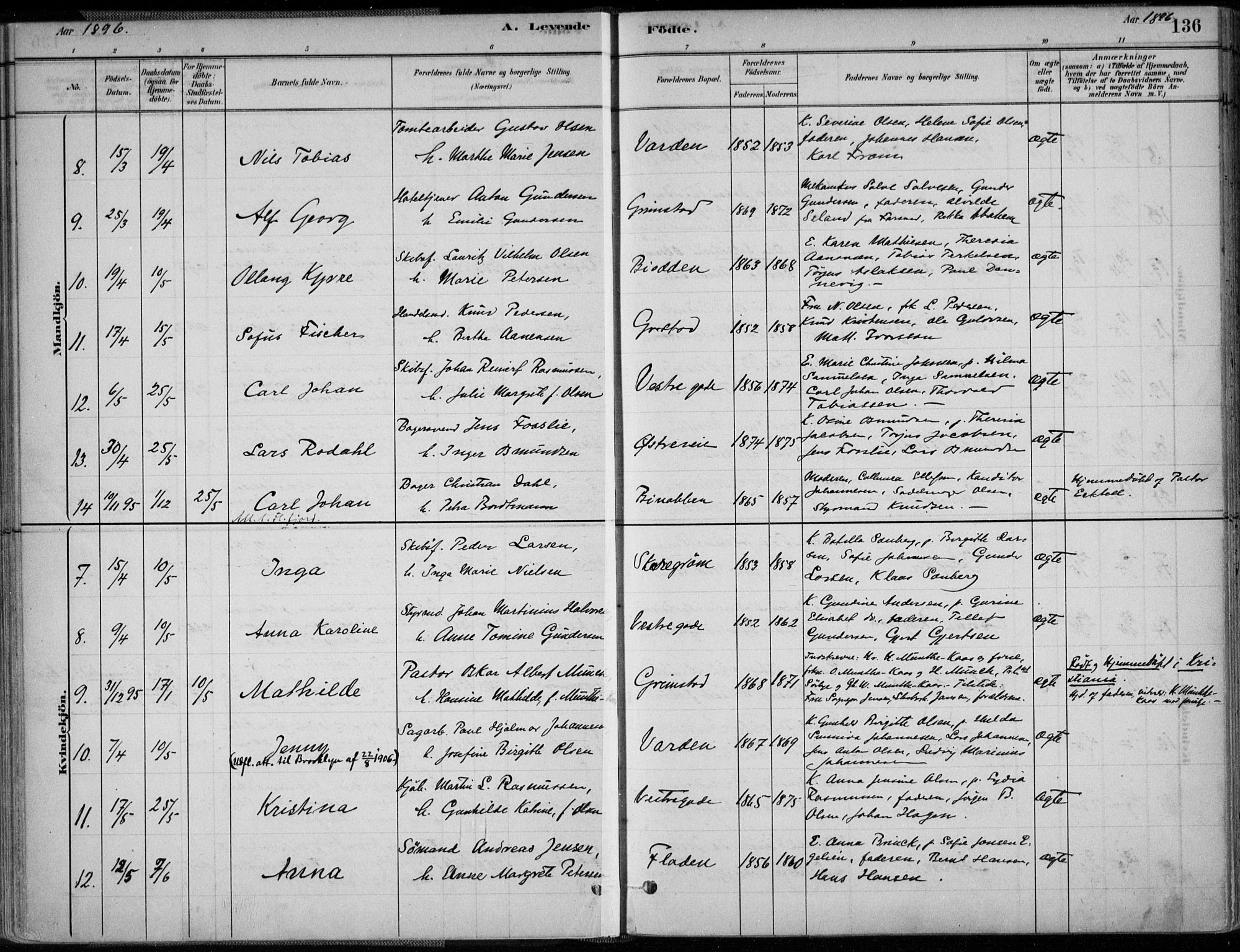 Grimstad sokneprestkontor, AV/SAK-1111-0017/F/Fa/L0003: Parish register (official) no. A 2, 1882-1912, p. 136