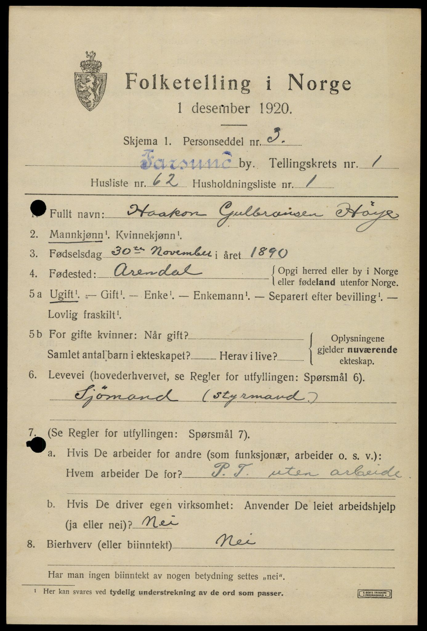 SAK, 1920 census for Farsund, 1920, p. 1967