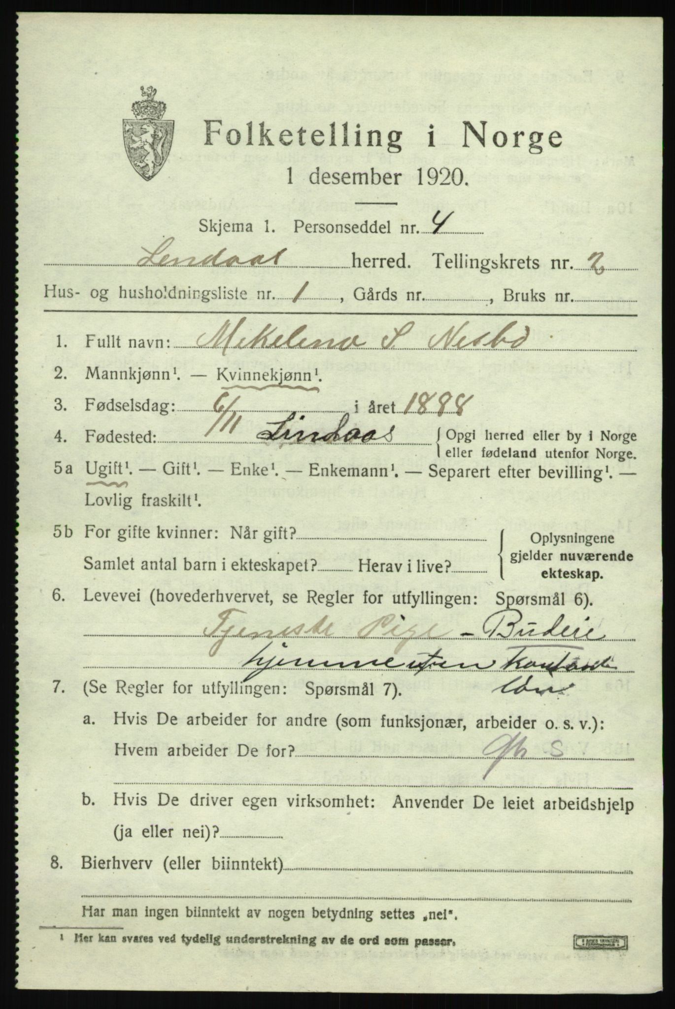 SAB, 1920 census for Lindås, 1920, p. 1593