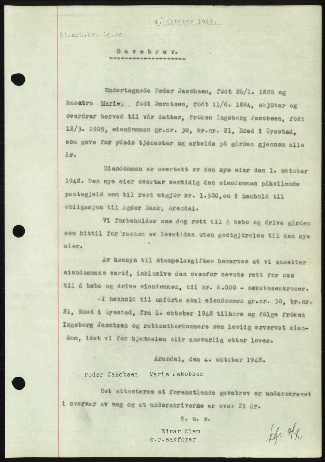 Nedenes sorenskriveri, AV/SAK-1221-0006/G/Gb/Gba/L0059: Mortgage book no. A11, 1948-1948, Diary no: : 1388/1948