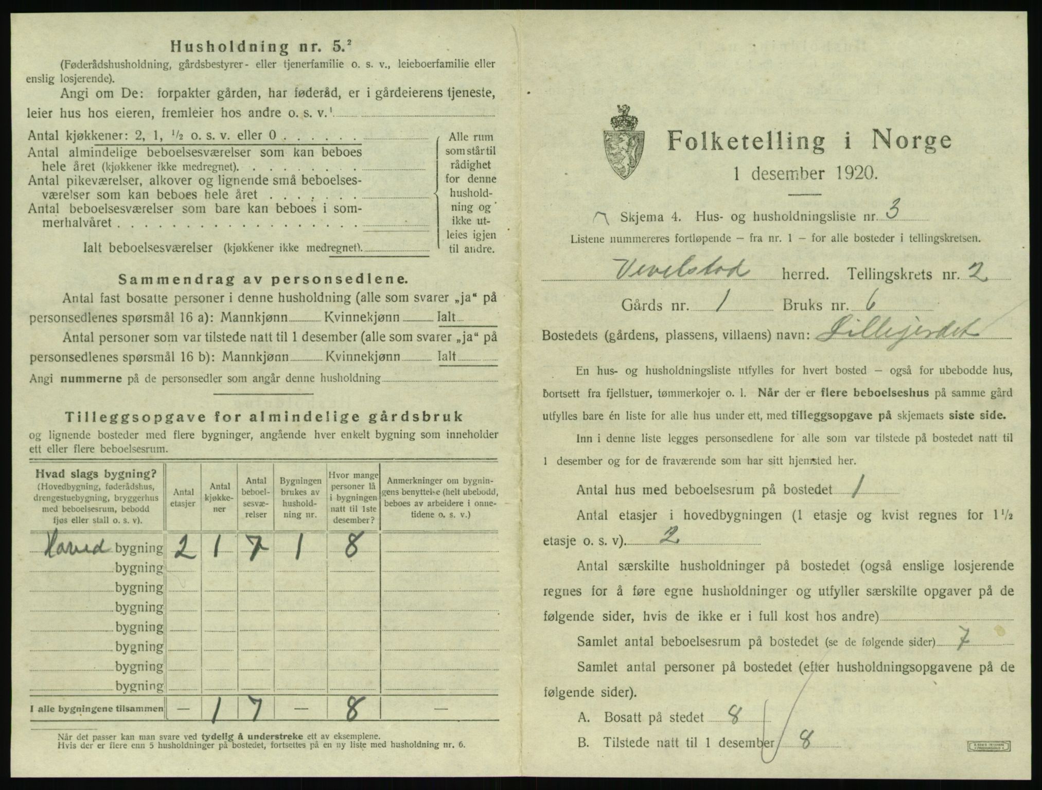 SAT, 1920 census for Vevelstad, 1920, p. 182