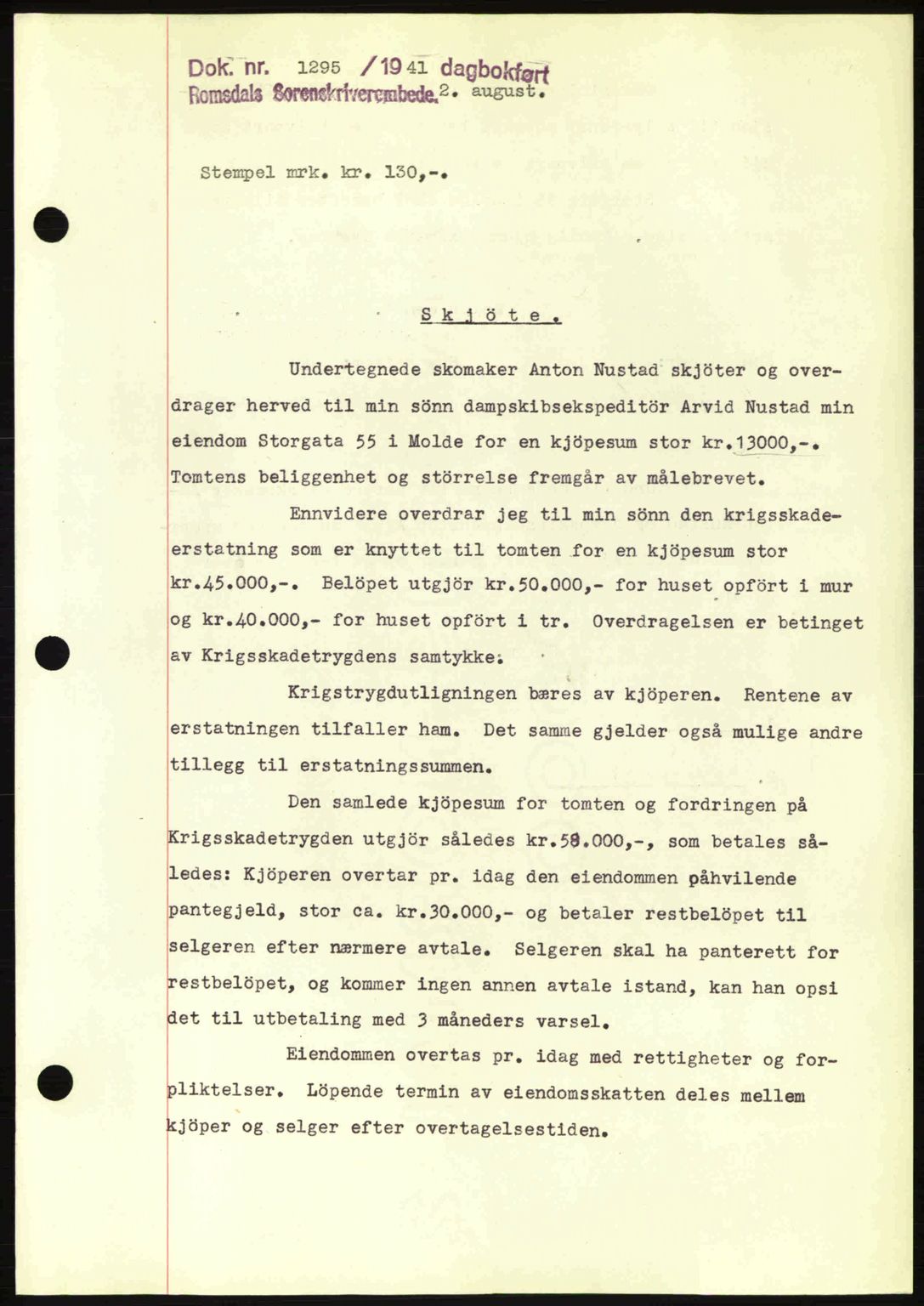 Romsdal sorenskriveri, AV/SAT-A-4149/1/2/2C: Mortgage book no. A10, 1941-1941, Diary no: : 1295/1941