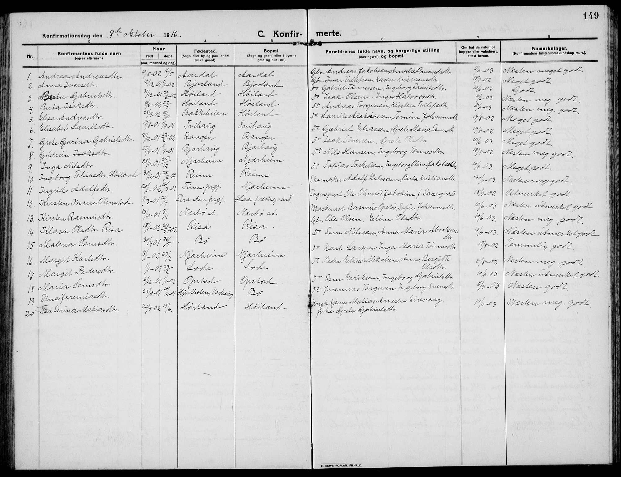 Hå sokneprestkontor, AV/SAST-A-101801/001/30BB/L0007: Parish register (copy) no. B 7, 1912-1939, p. 149