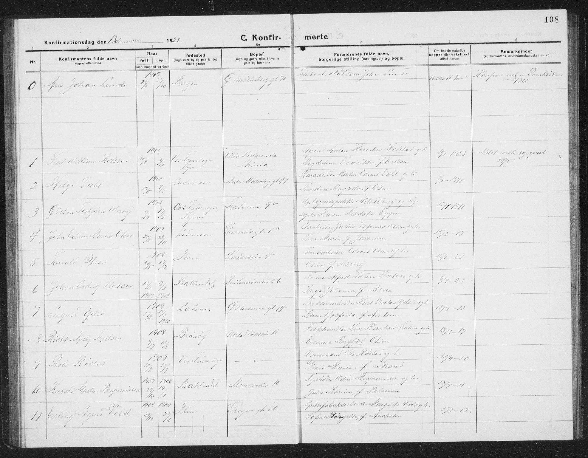 Ministerialprotokoller, klokkerbøker og fødselsregistre - Sør-Trøndelag, SAT/A-1456/605/L0258: Parish register (copy) no. 605C05, 1918-1930, p. 108